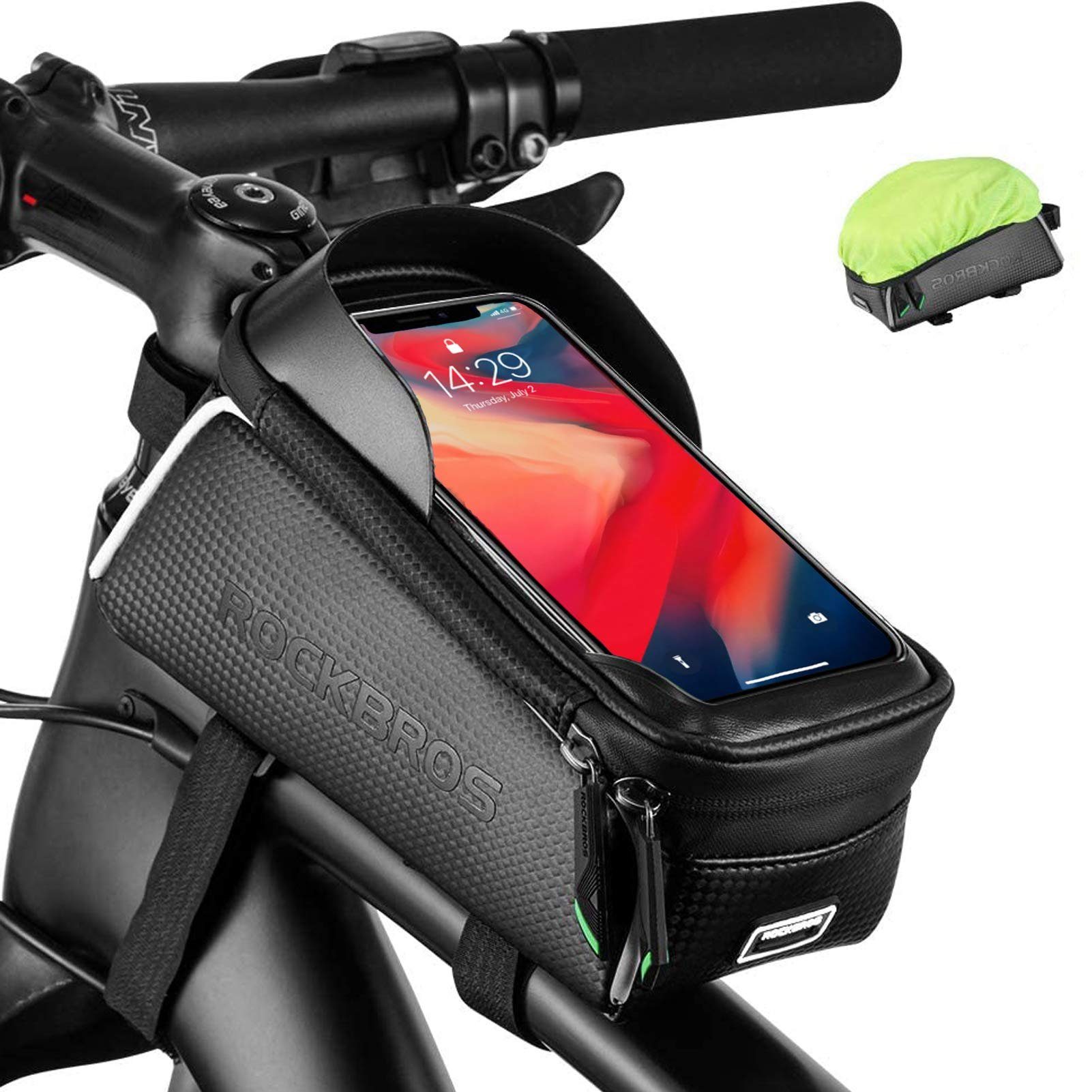 ROCKBROS Rahmentasche Fahrrad Wasserdicht Lenkertasche Oberrohrtasche Touchscreen (für iPhone XR XS MAX X 8 7 6 Plus/Samsung Galaxy S10+ Note 9 / Huawei P30 Pro Smartphones bis zu 6.5 Zoll)
