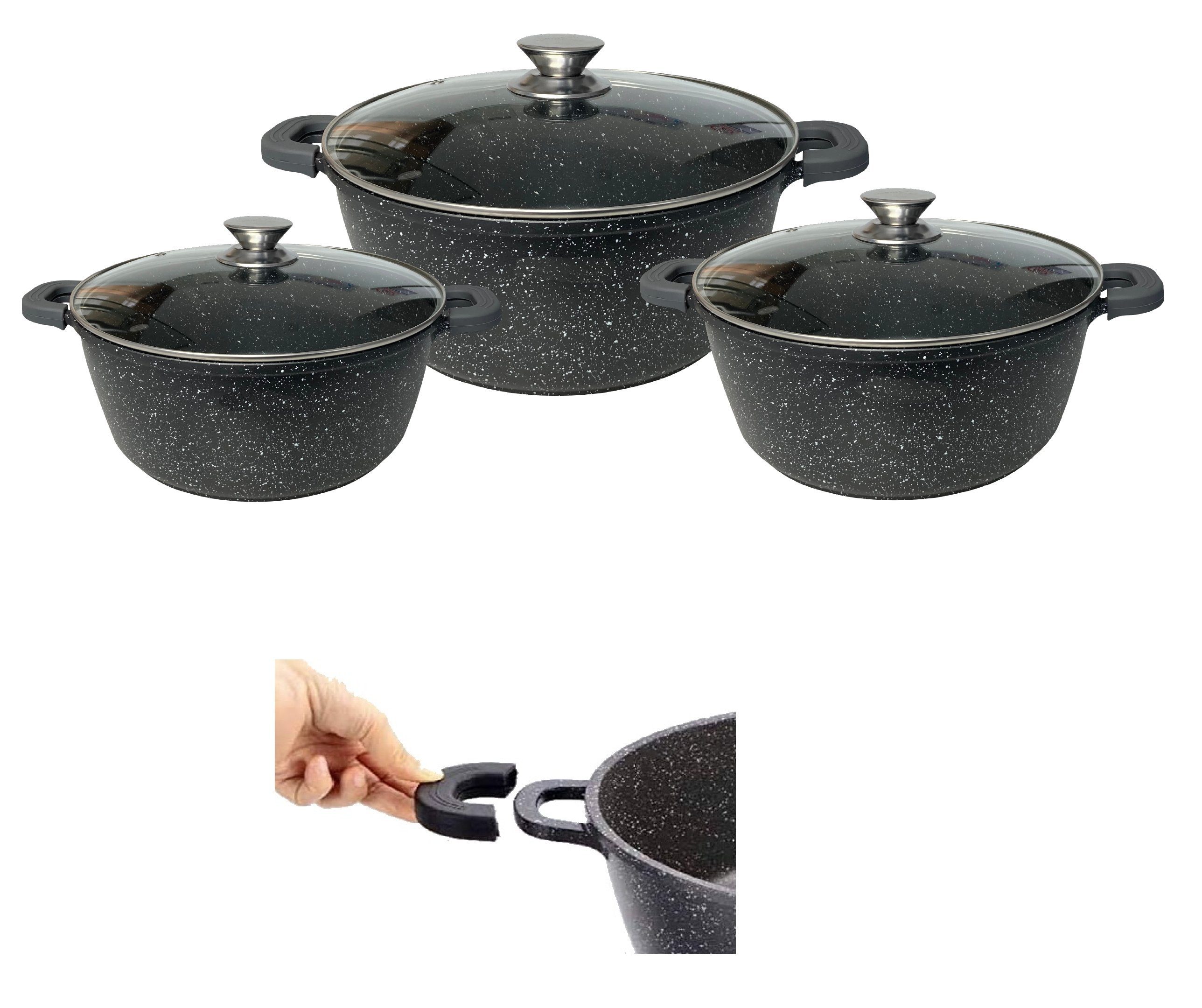 Cheffinger Topf-Set XXL Kochtopf Kasserolle Topf Set 6-tlg schwarz Glasdeckel Cheffinger, Material: Aluminium, Glas (Topf-Set bestehend aus 3 Töpfen und drei Glasdeckeln)