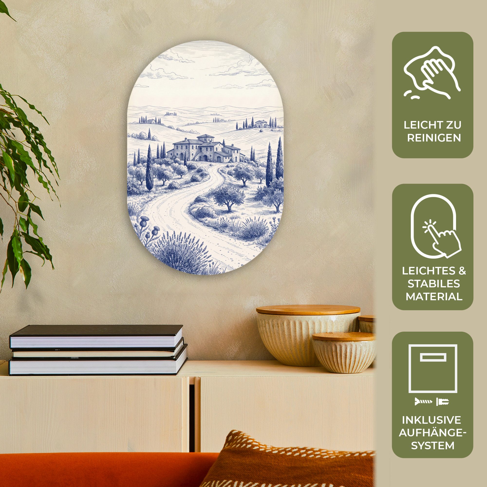 MuchoWow Gemälde Rustikal - Anwesen - Blau, Fotodruck (1 St), Wandbild Oval, Wohnzimmer oder Schlafzimmer Wanddekoration, 40x60 cm