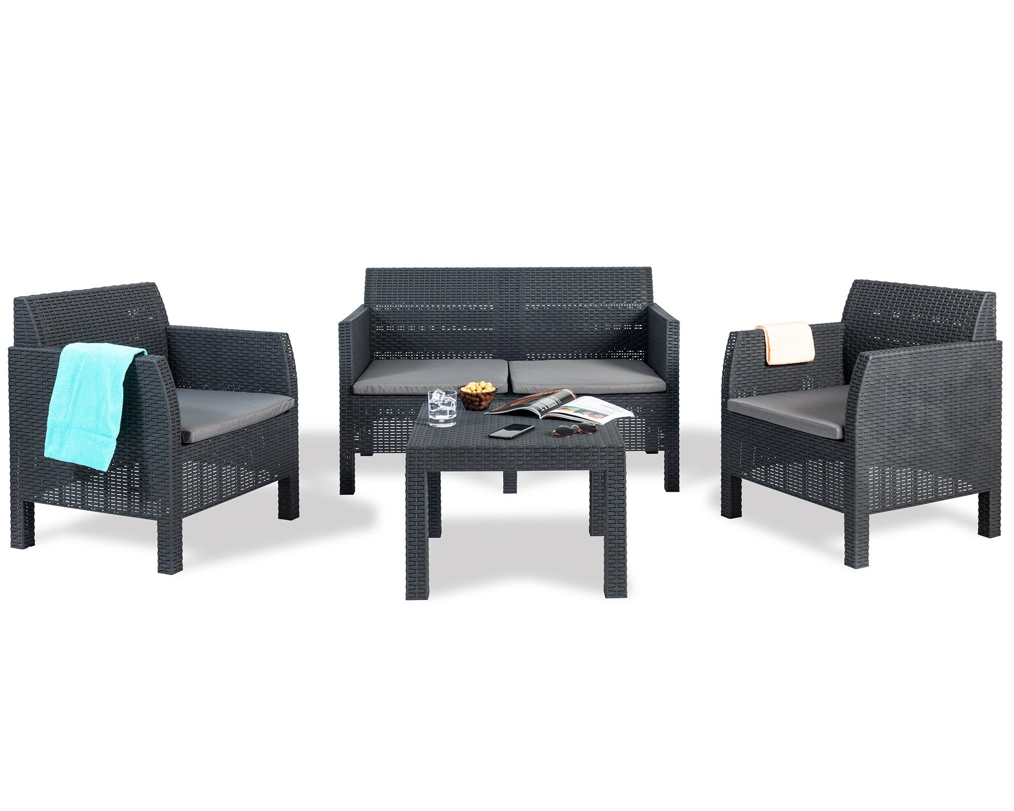 ONDIS24 Loungeset Sessel, Sofa und 4-tlg), Set abnehmbar waschbar Kunststoff, (Gartenmöbel Madrid, Tisch, & Bezüge recycelter und inklusive wetterbeständig, UV