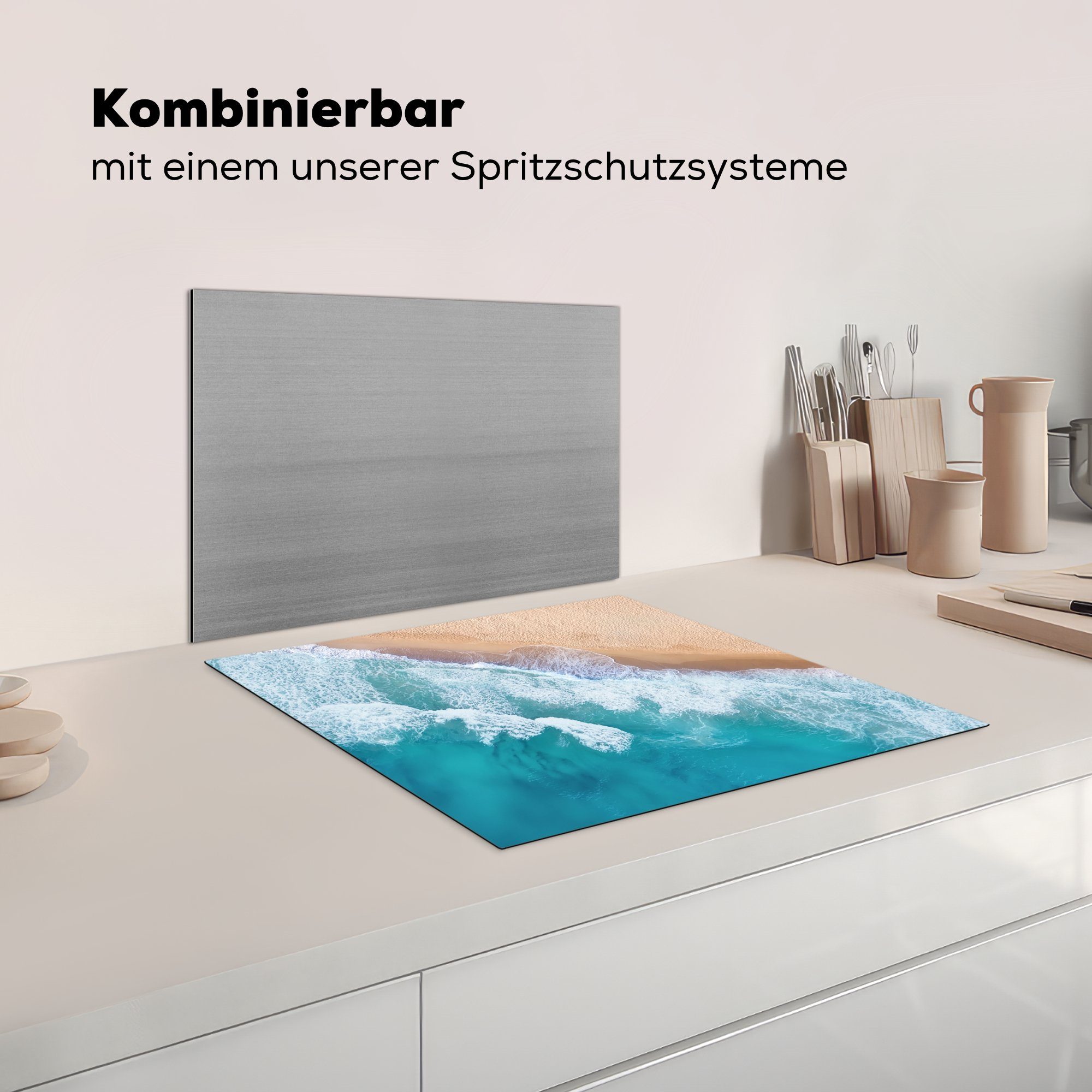 MuchoWow Herdblende-/Abdeckplatte Wasser cm, 57x51 (1 - - - Induktionskochfeld, Ceranfeldabdeckung Induktionsschutz, tlg), Strand Vinyl, Sommer, Meer