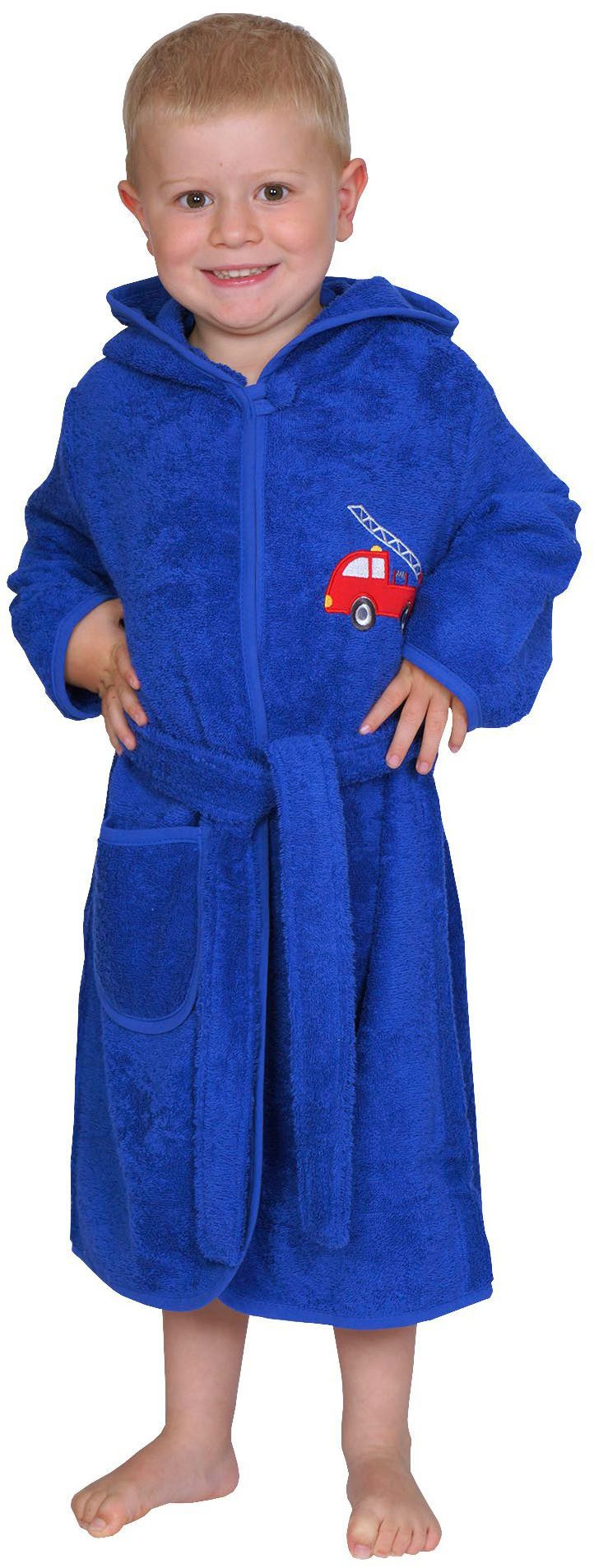 Wörner Kinderbademantel Feuerwehr royalblau, Langform, Frottier, Kapuze, Gürtel, mit Stickerei, mit Tasche, maschinenwaschbar