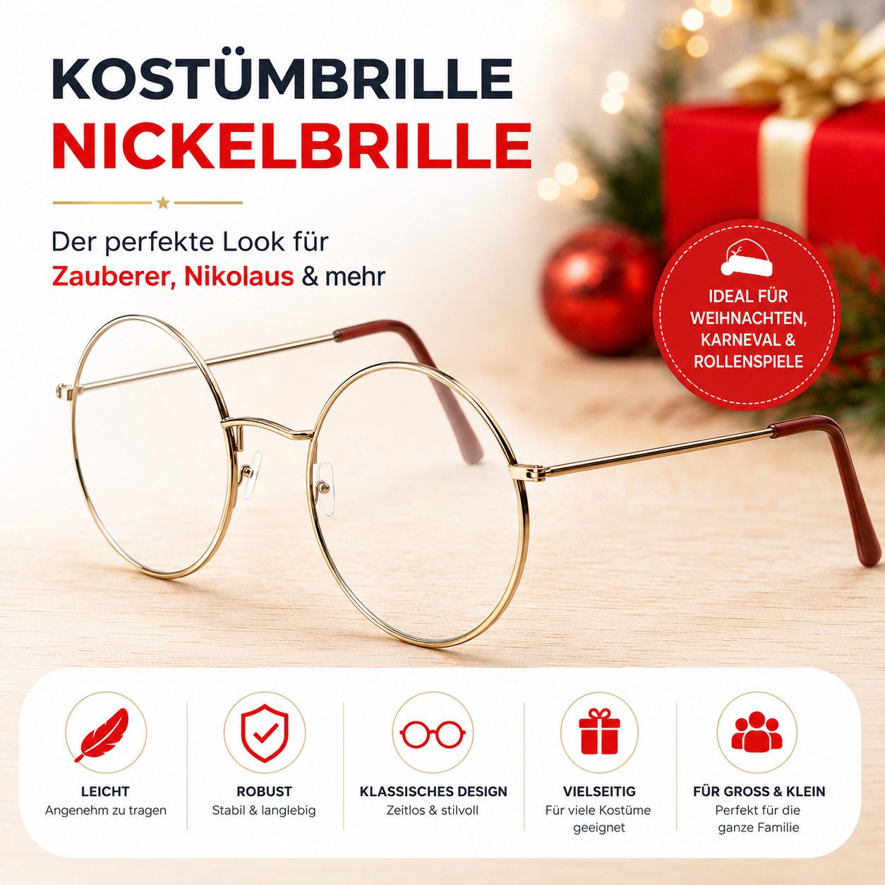 Weihnachtswunder® Kostüm 1x Weihnachtsmannbrille Nikolausbrille Brille Nikolaus Kostüm rund, Runde Gläser im traditionellen Weihnachtsmann-Stil