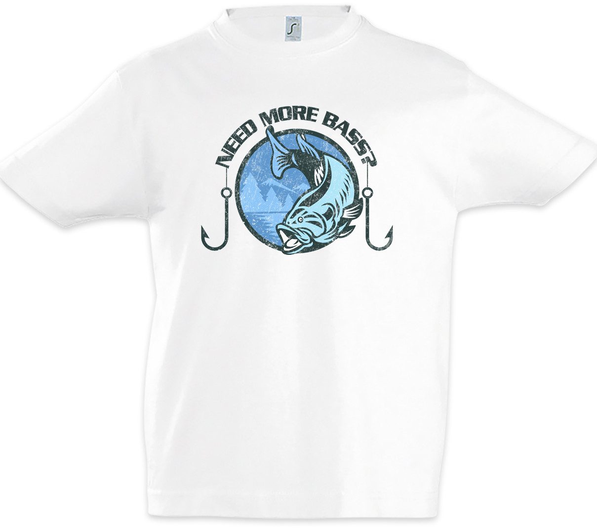 Urban Backwoods Print-Shirt Need More Bass Kinder T-Shirt Barsch Fun Music Musik Electro Elektro (1-tlg) Angeln Angler Harpune Skelett