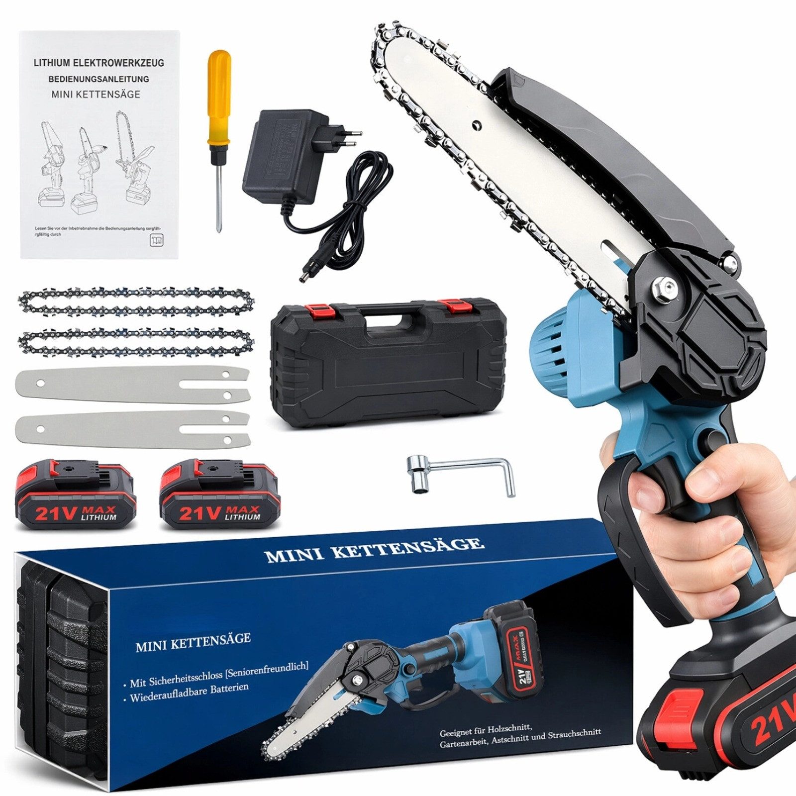 GARRYFIZH Akku-Säge Akku-Säge Mini Akku SäGe HandgefüHrte SäGe 21V Elektrische KettensäGe, 2 Batterien & 4 Zoll/6Zoll 2 Führungsplatten