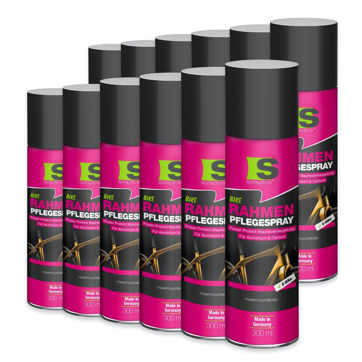 Spraytive 12x 300ml Rahmen-Pflegespray mit Wachsversiegelung f. Fahrrad & E-Bike Lackreiniger (Made in Germany)