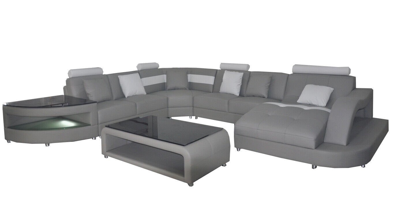 JVmoebel Ecksofa Leder Sofa mit USB Moderne Sitz Couch Design Wohnlandschaft Tisch Silber
