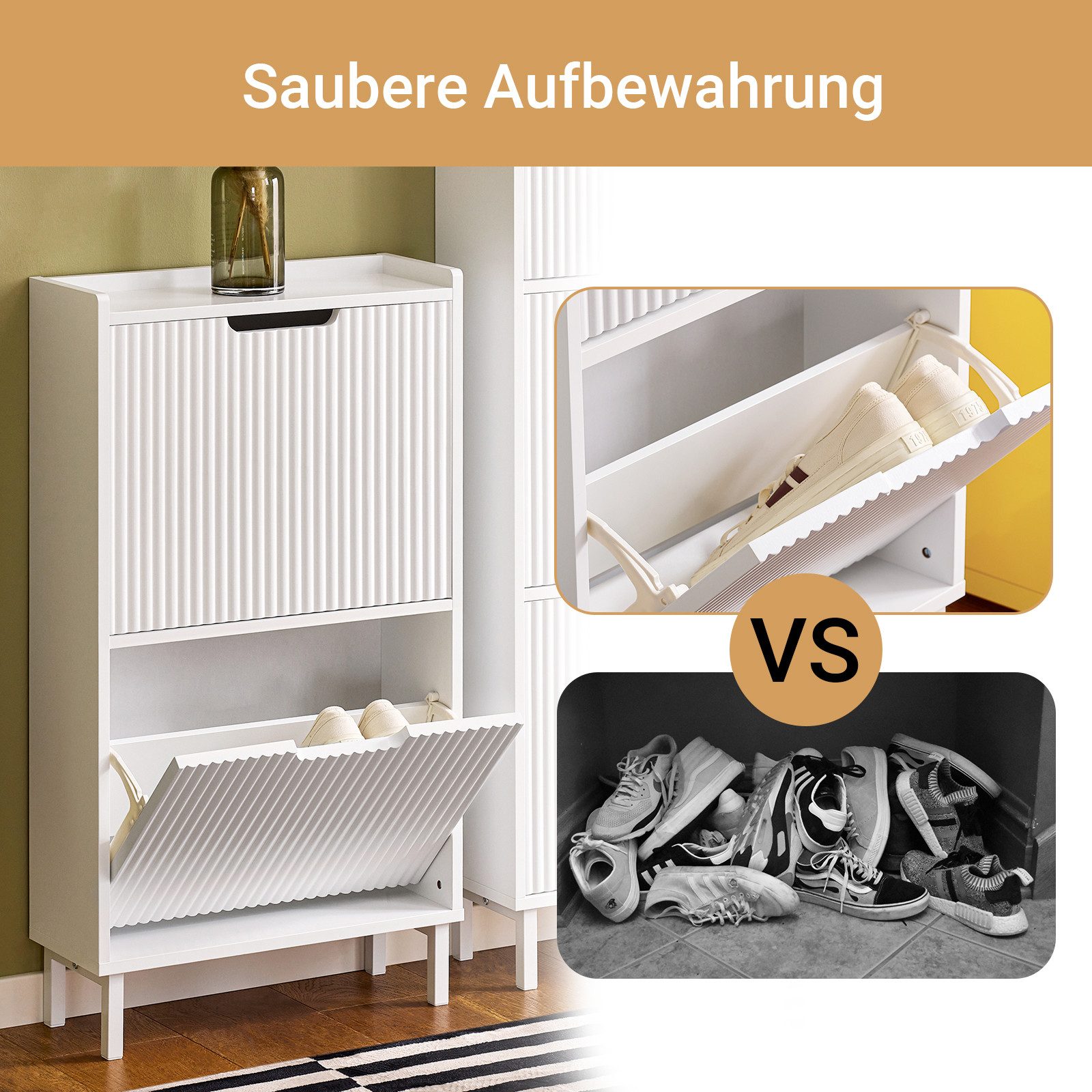 SoBuy Schuhkipper DE-FSR177, Schuhschrank schmal, Flurschrank Hoch Kommode, Schuhschrank mit 2/3/4 Klappen Schuhregal Schuhkommode schmal, Flur