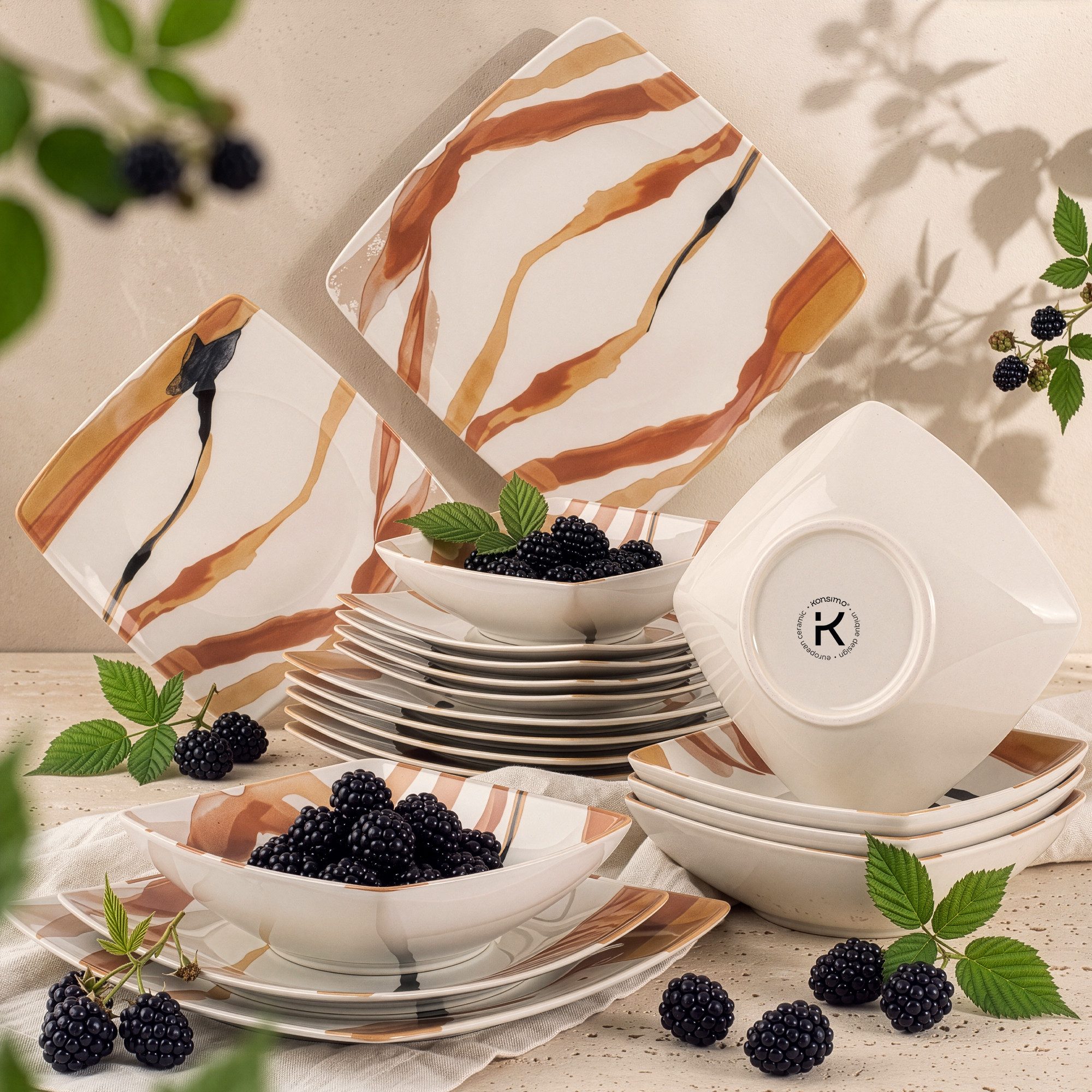 KONSIMO® Tafelservice RONARI, Geschirrset 18-tlg, für 6 Personen, EU-Ware, Steinzeug (6-tlg), 6 Personen, Keramik, quadratisch, Spulmachinen- und Mikrowellengeeignet