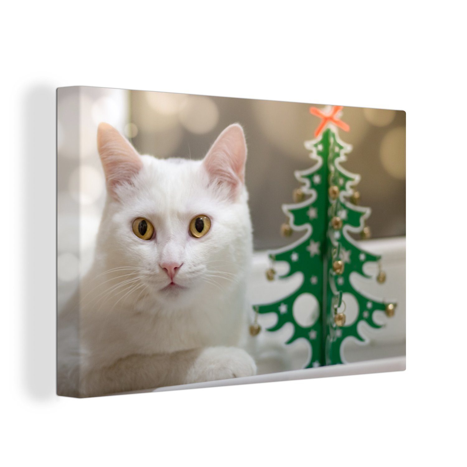 Wanddeko, 30x20 neben (1 Katze Wandbild St), Papierweihnachtsbaum cm Leinwandbilder, OneMillionCanvasses® Leinwandbild liegend, Aufhängefertig, Weiße einem