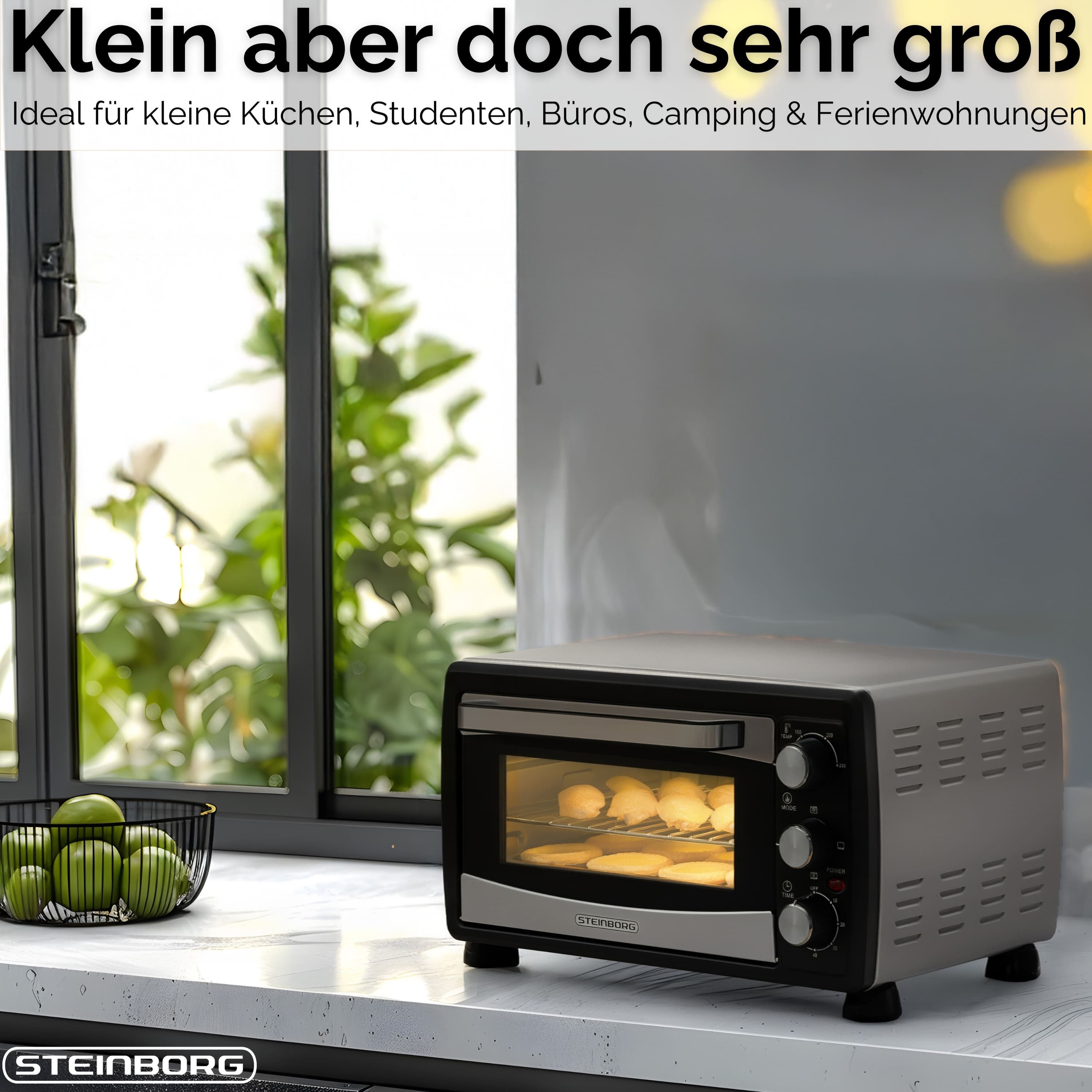 STEINBORG Minibackofen SB-3007, 20 Liter, Umluft, mit Krümelblech, 1380 Watt