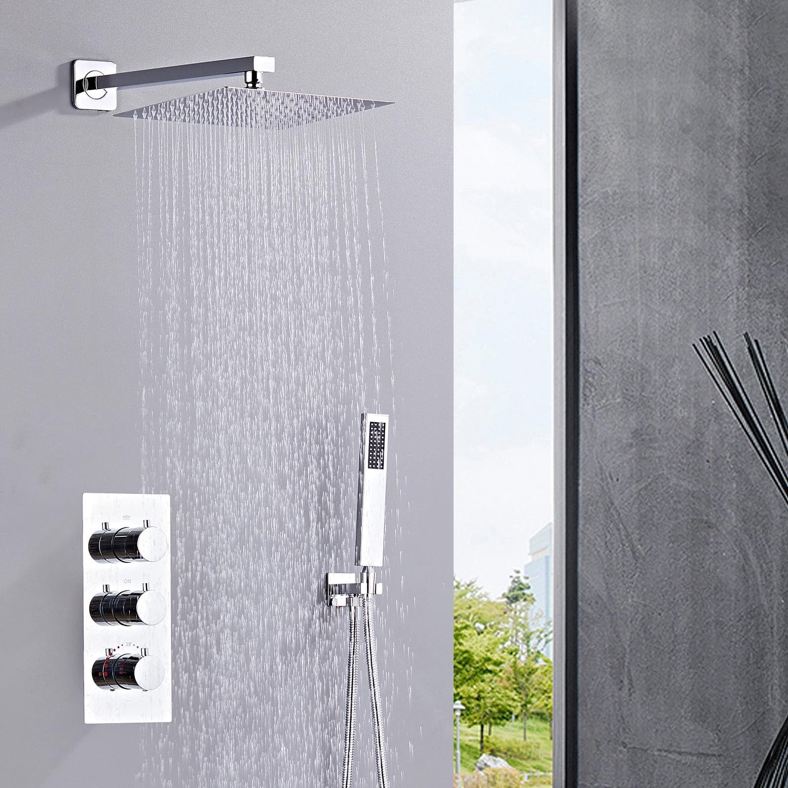 SaniteModar Duschsystem mit Duschmischer, Handbrause und Kopfbrause, 2 Strahlart(en), Thermostatisches Einbau-Duschset, Kopfbrause: 25×25 cm