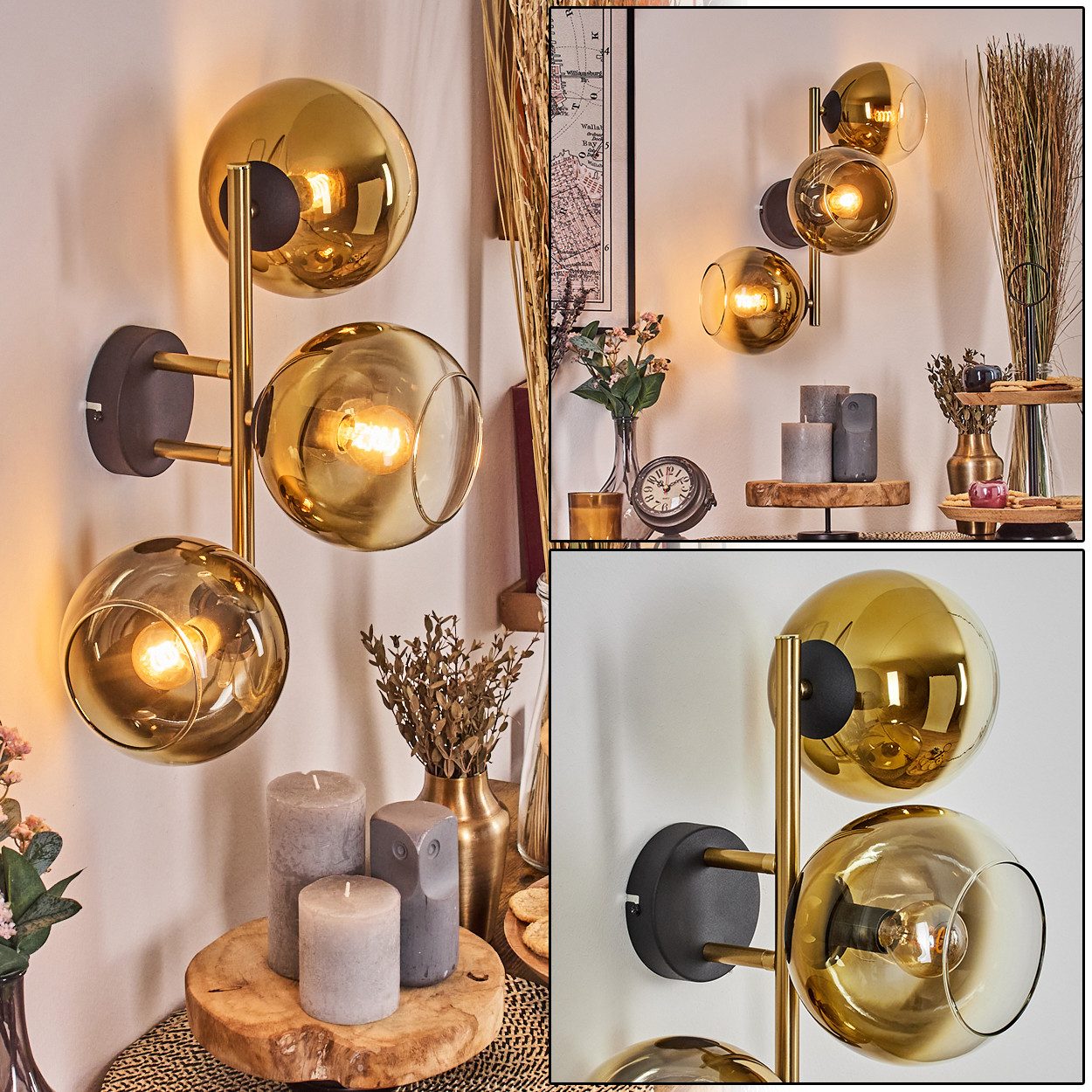 Wandleuchte Wandlampe aus Metall/Glas in Schwarz/Goldfarben/Klar