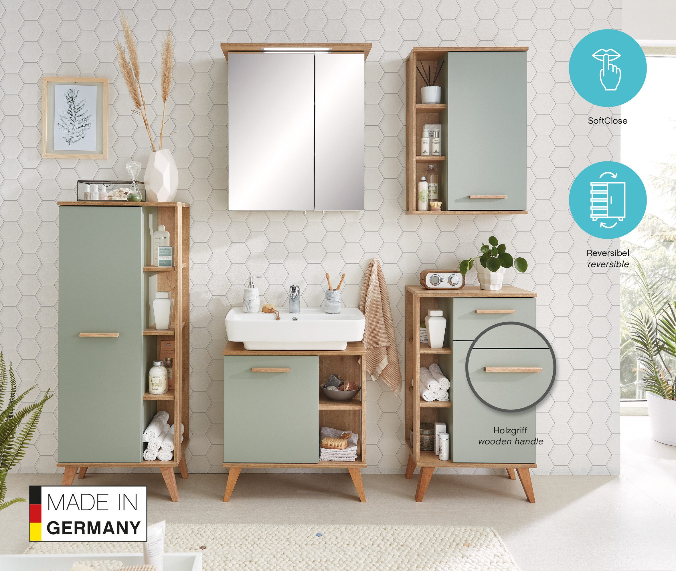 Saphir Waschbeckenunterschrank Quickset 963 Unterbeckenschrank, Salbei Nachbildung, 1 Tür Waschbeckenschrank inkl. Türdämpfer, 60,5 cm breit, ohne Waschbecken
