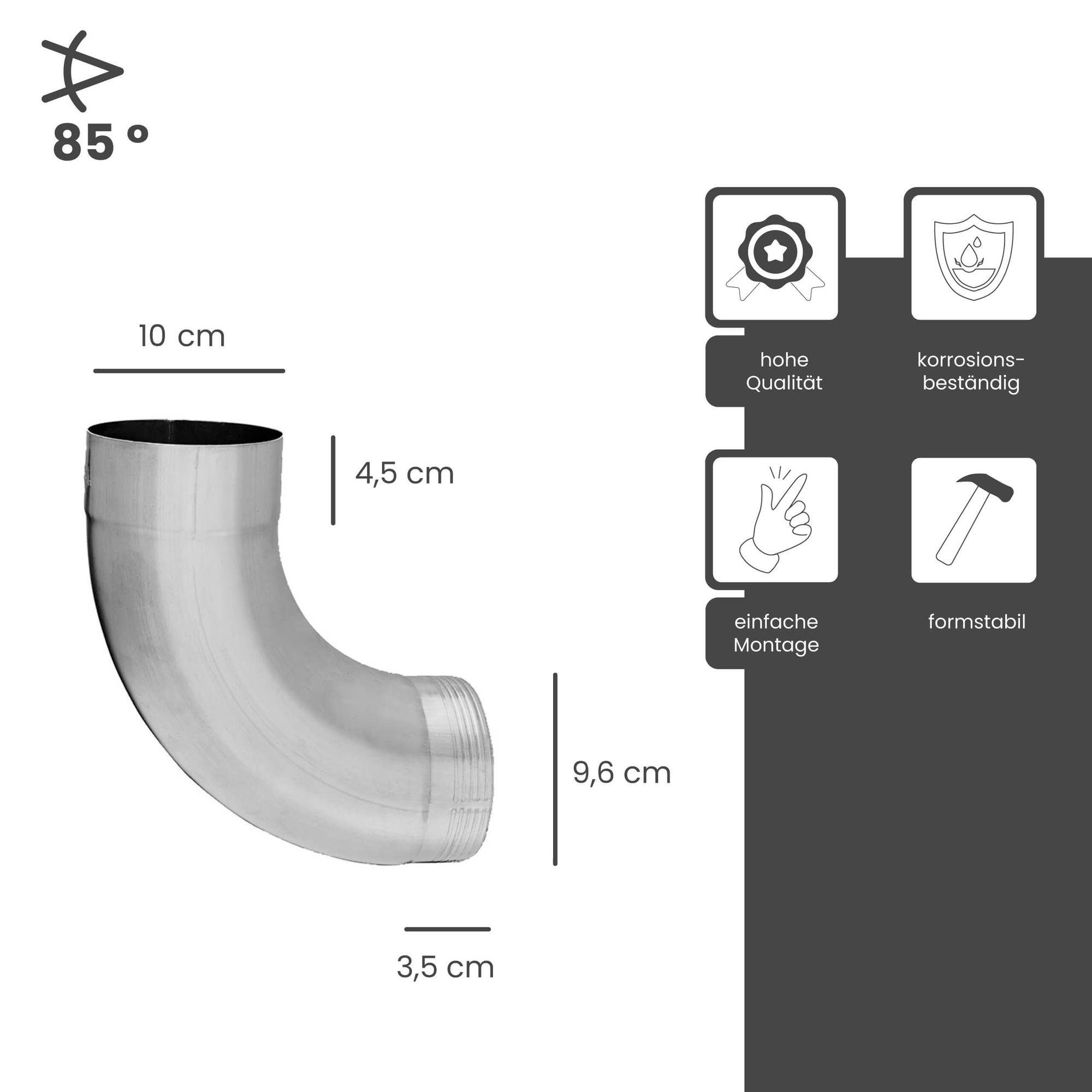 Zambelli Regenfallrohr, (Fallrohrbogen 85 Grad verzinkt, einteilig gefalzt DN 100 Silber), Rohrbogen hoher Korrosionsschutz, einfache Montage ohne löten