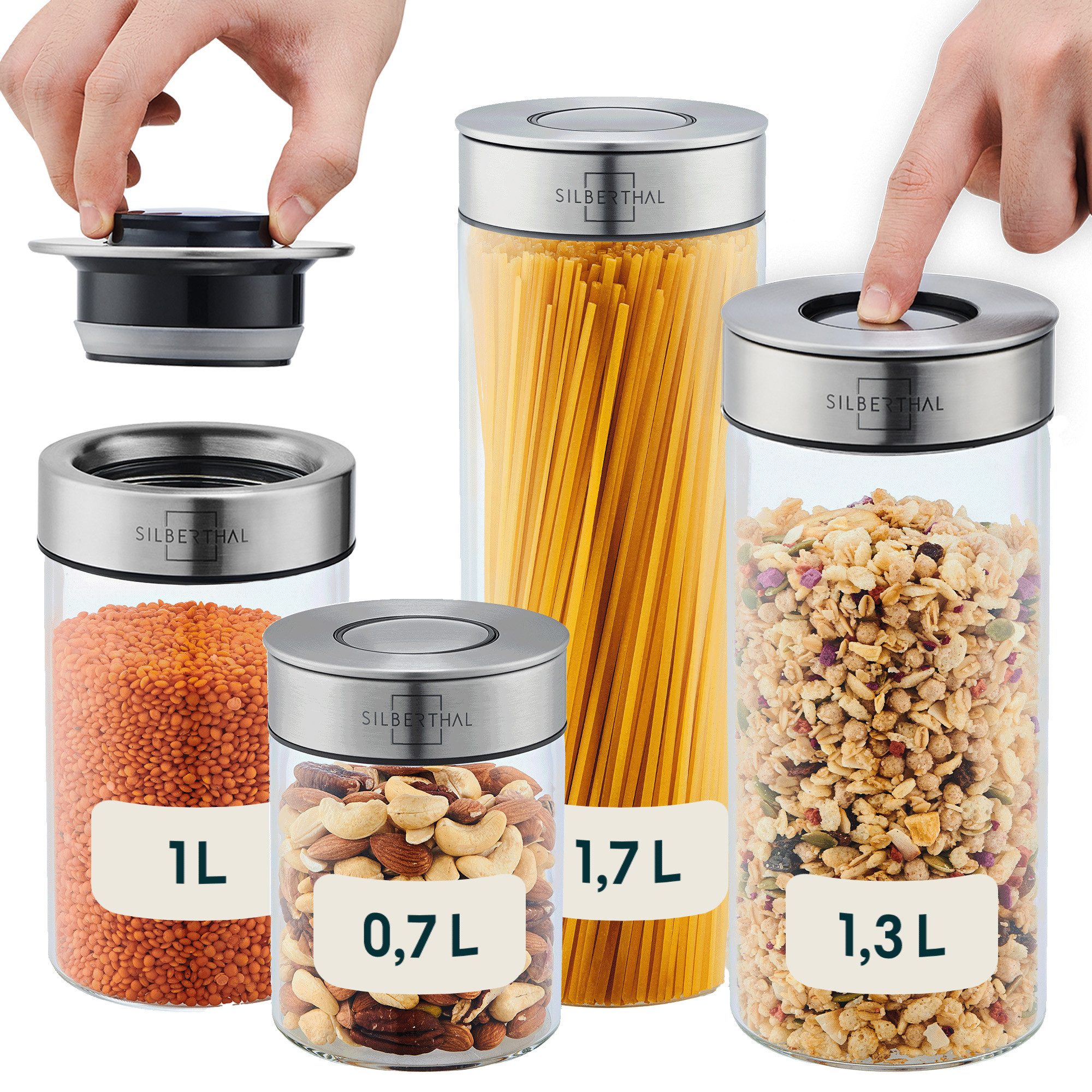 SILBERTHAL Vorratsglas 4er Set, Vorratsdosen mit Klickdeckel, Glas, Edelstahl, (4er Set Mix, 4-tlg), Luftdicht & Mottensicher