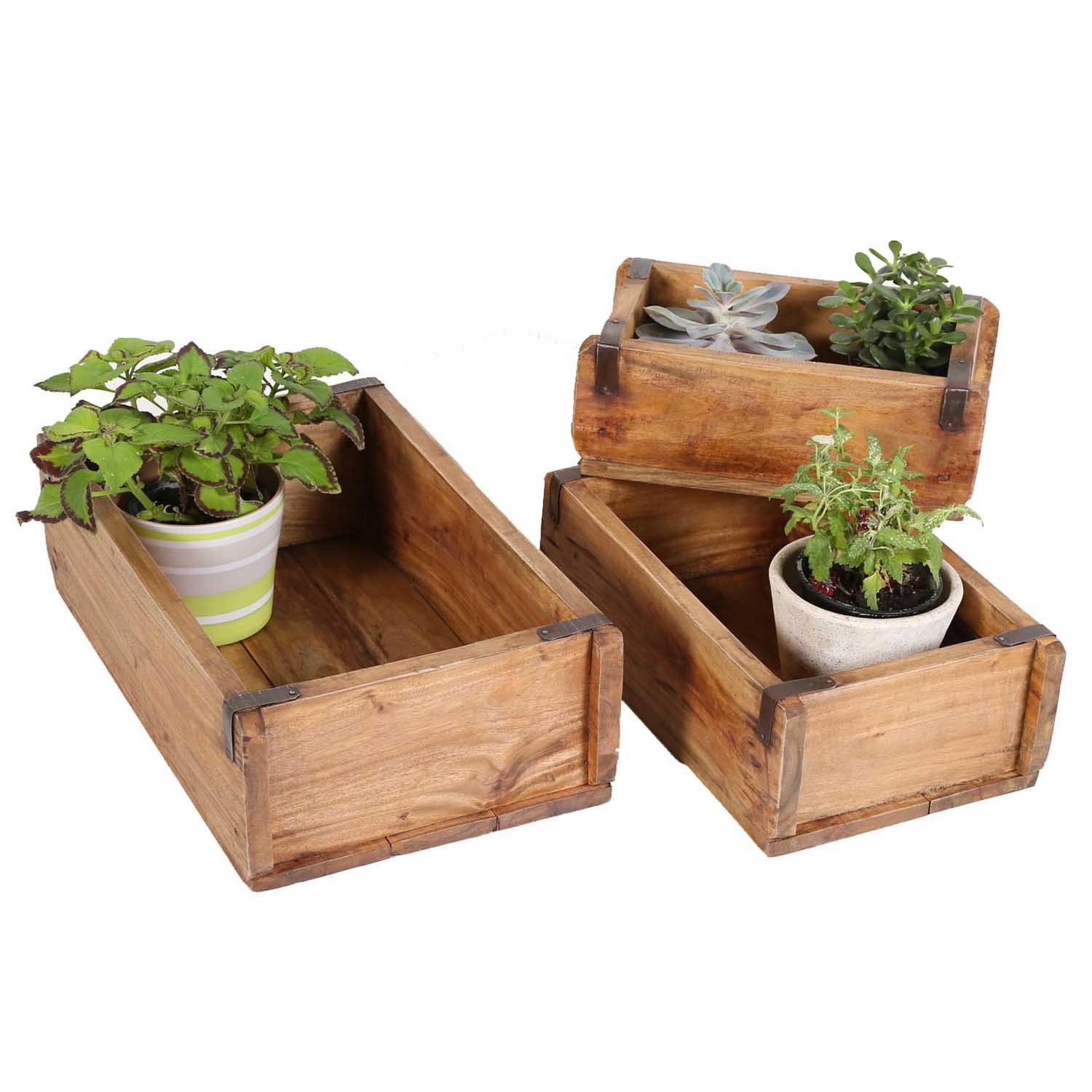 Casa Moro Blumenkasten Holz Pflanzenbox Gino 3er Set Ziegelform Aufbewahrungsbox massiv (einzigartige Holz Kiste alte Ziegelform Aufbewahrungsbox), aus recyceltem Teak Holz gefertigt