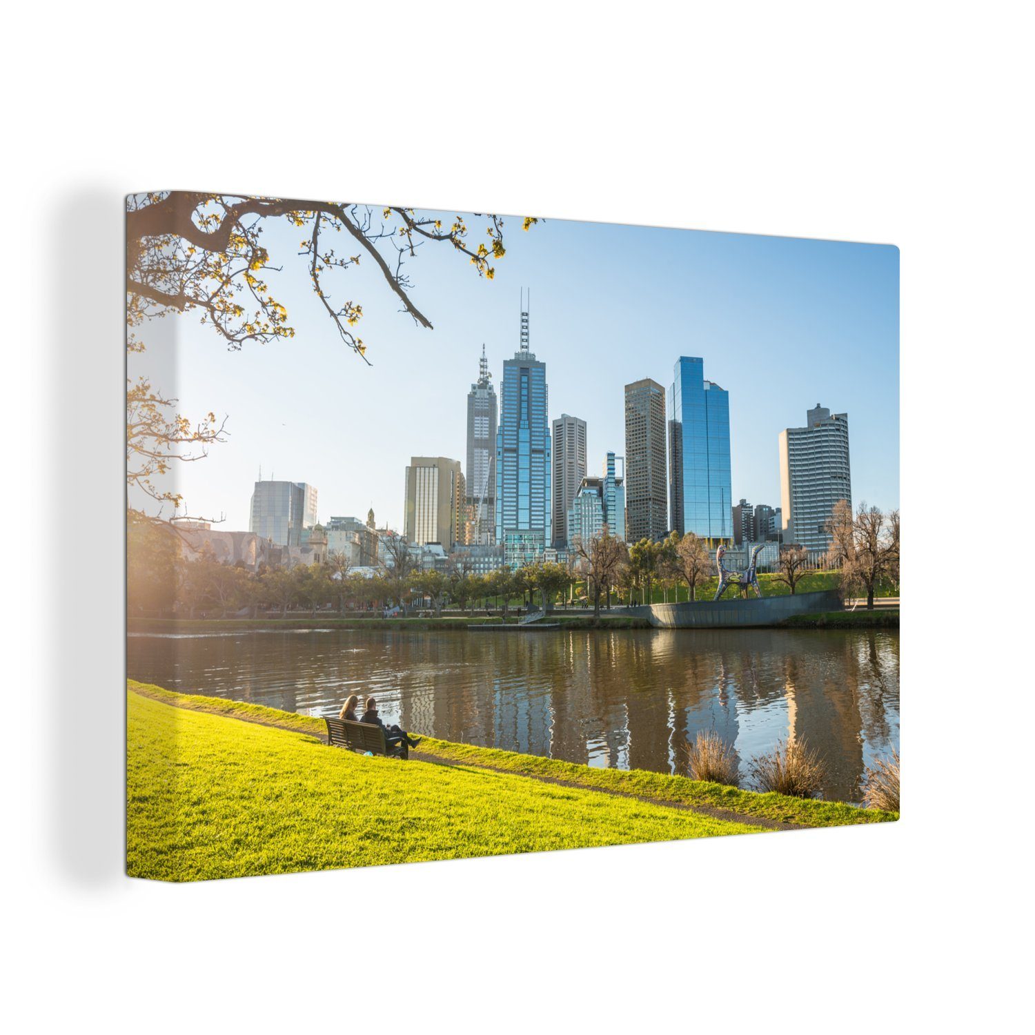 OneMillionCanvasses® Leinwandbild Blick auf die einem (1 cm Melbourne aus Leinwandbilder, von 30x20 Wandbild St), Wanddeko, Park, Wolkenkratzer Aufhängefertig