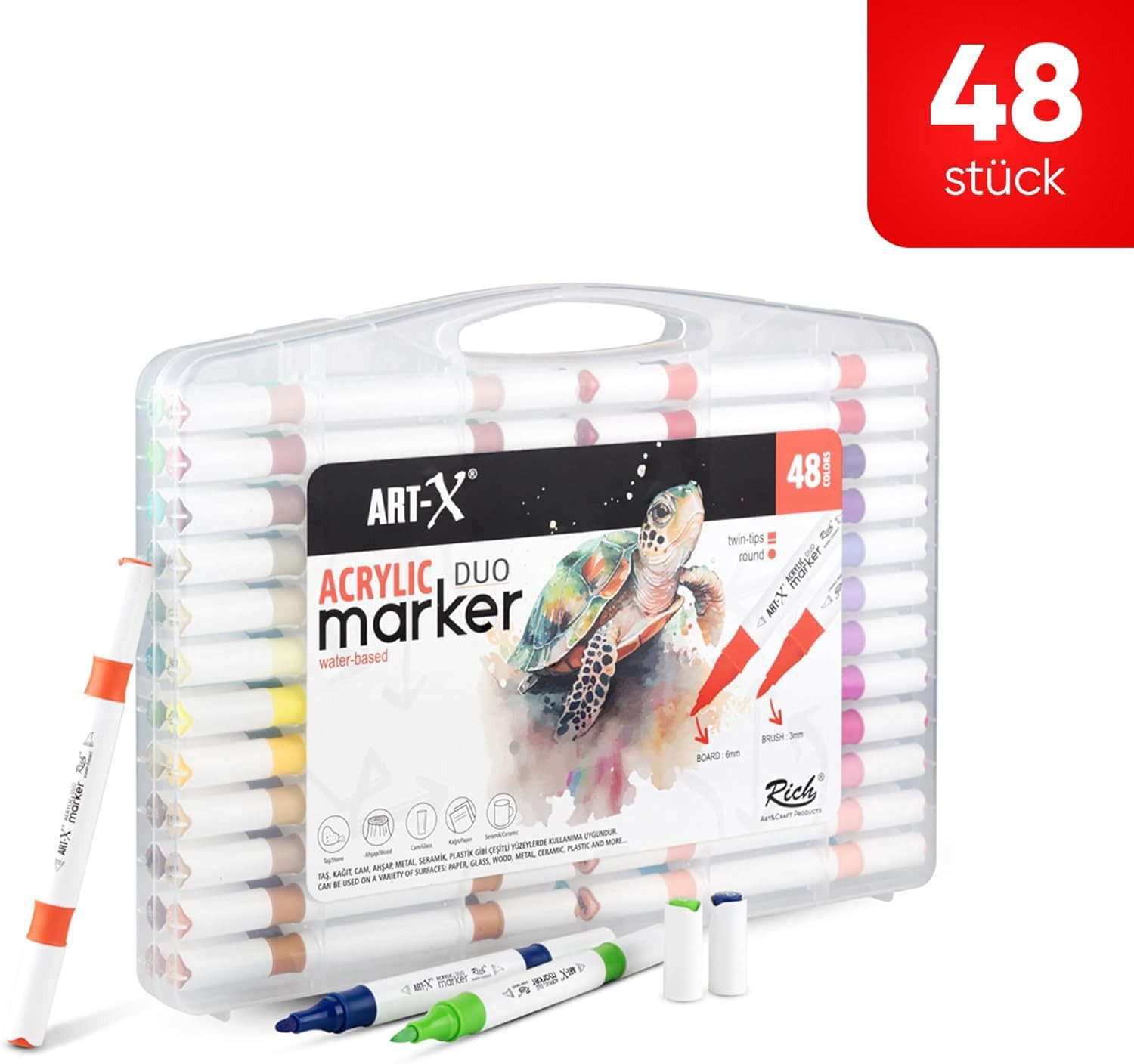 ART-X Marker Acryl Marker Set - 48 Farben, Doppelspitzen, Für Profis & Künstler, (Doppelspitzen-Marker-Set, 48 Farben, doppelseitig mit feiner und breiter Spitze), Wasserbasis, Ungiftig, Schnelltrocknend, Doppelseitig