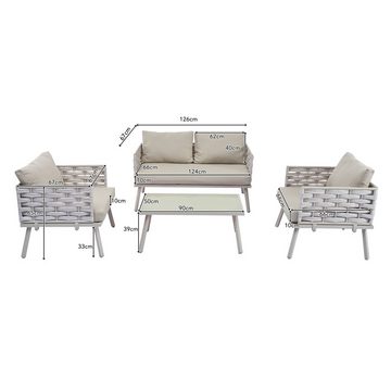 XDeer Gartenlounge-Set Gartenmöbel-Set mit verzinktem Stahlgestell 4er-Set, Tischplatte aus Glas, Dickes PE-Rattan, Weiß, ink. Kissen