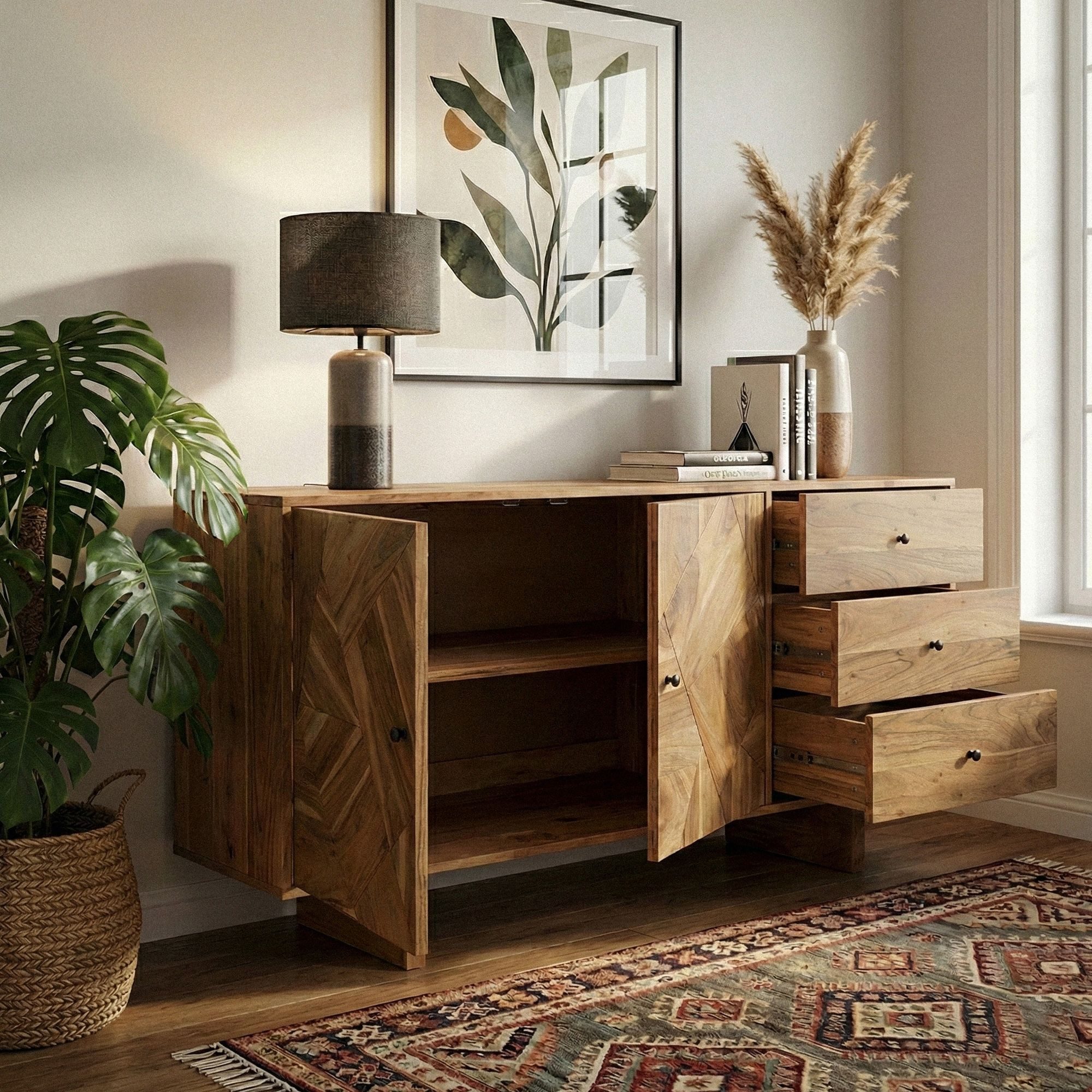 FINEBUY Sideboard FB113645 Sideboard Akazie Massivholz 150cm Massive Kommode Echtholz (Geometrische Front aus massivem Akazienholz), Viel Stauraum für Wohn- und Essbereich