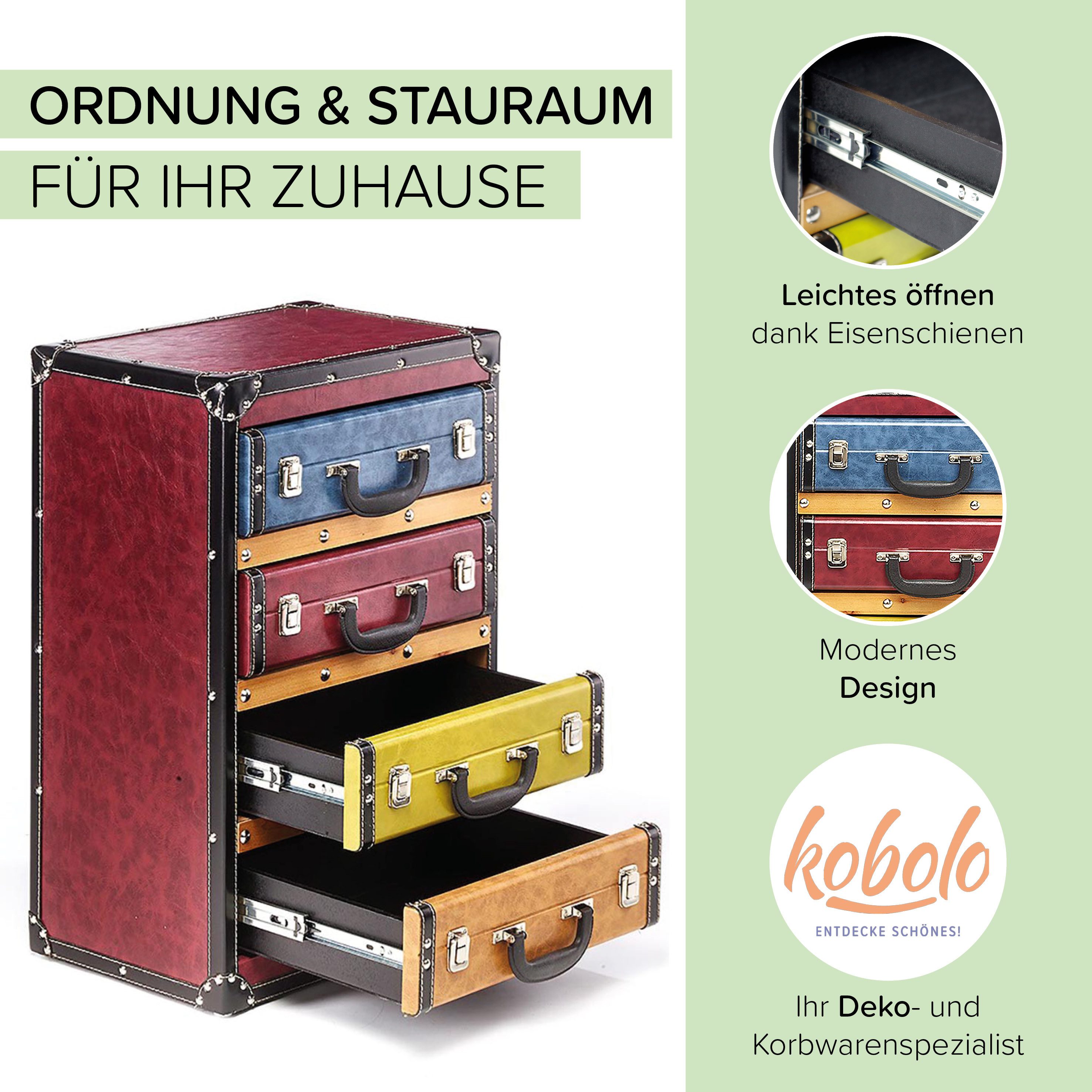Kobolo Regal Kommode Schubladenturm Kofferoptik -bunt- 4 Fächer – Bild 4 von 5