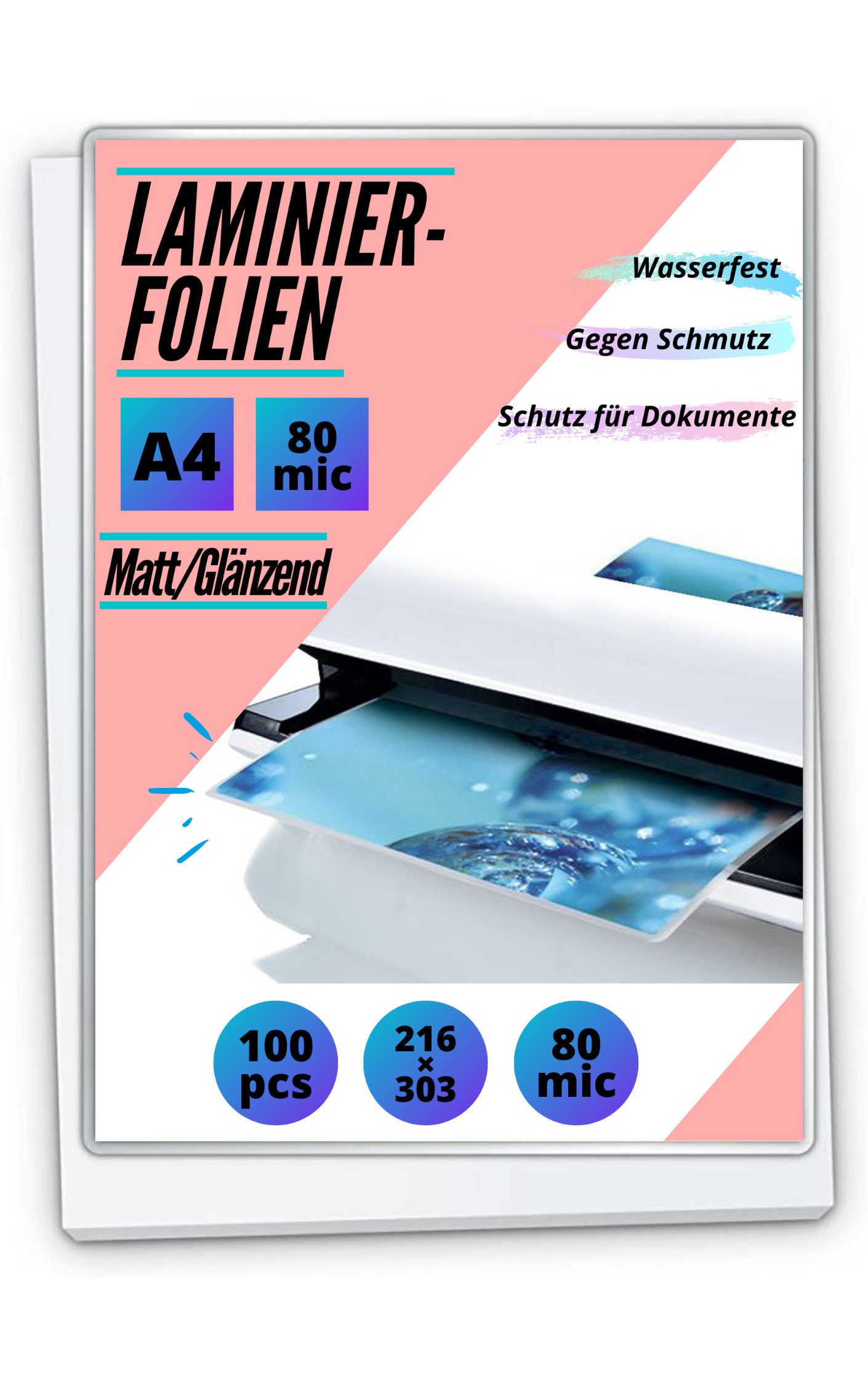 MK Vertriebs KG Schutzfolie 100 Laminierfolien DIN A3/A4/A5/A6, 80/100/125/175/250 mic, Ausführung wählbar