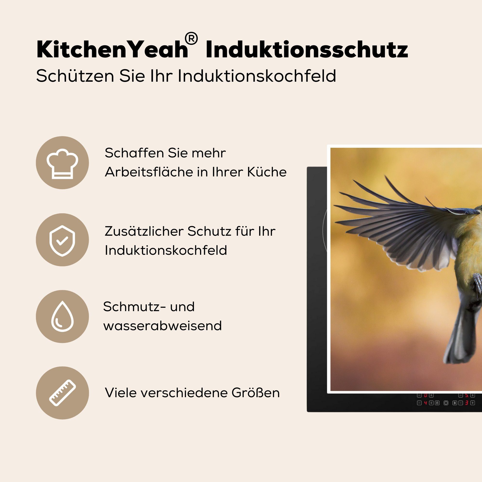 Die Kohlmeise Schwingen Induktionskochfeld Schutz 71x52 der cm, MuchoWow für Flug, Vinyl, küche, Ceranfeldabdeckung die Herdblende-/Abdeckplatte (1 im tlg),