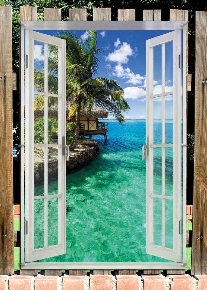Thumbnail - Wallario Sichtschutzzaunmatten Karibisches Meer Einsame Hütte unter Palmen, mit Fenster-Illusion