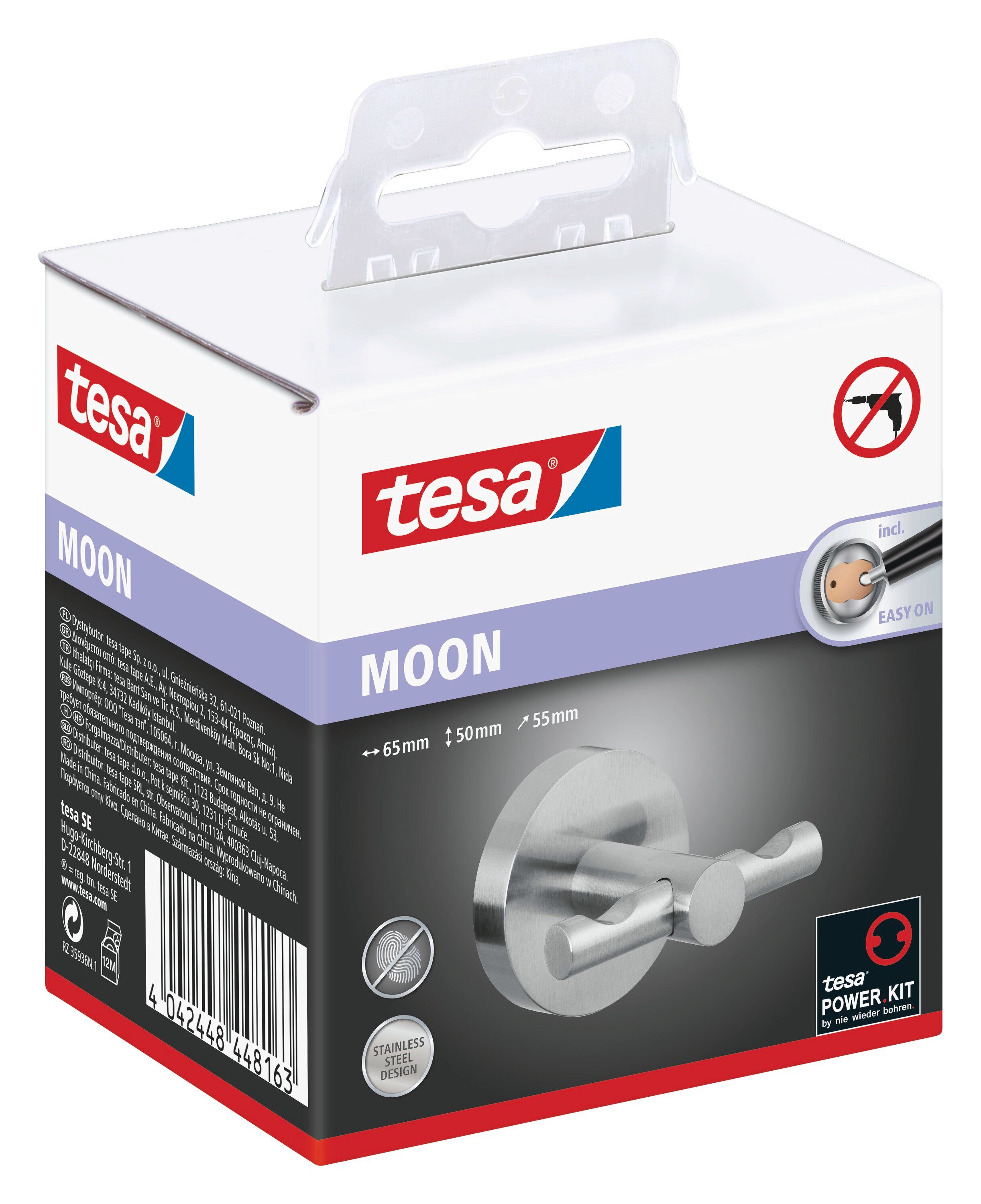 tesa Гачок для рушника MOON Bademantelhaken Edelstahl, Badezimmer, Gäste-WC, Wandmontage, (Packung, 1-St., inkl. Klebelösung), Сушки для рушниківung selbstklebend & ohne Bohren - silber matt