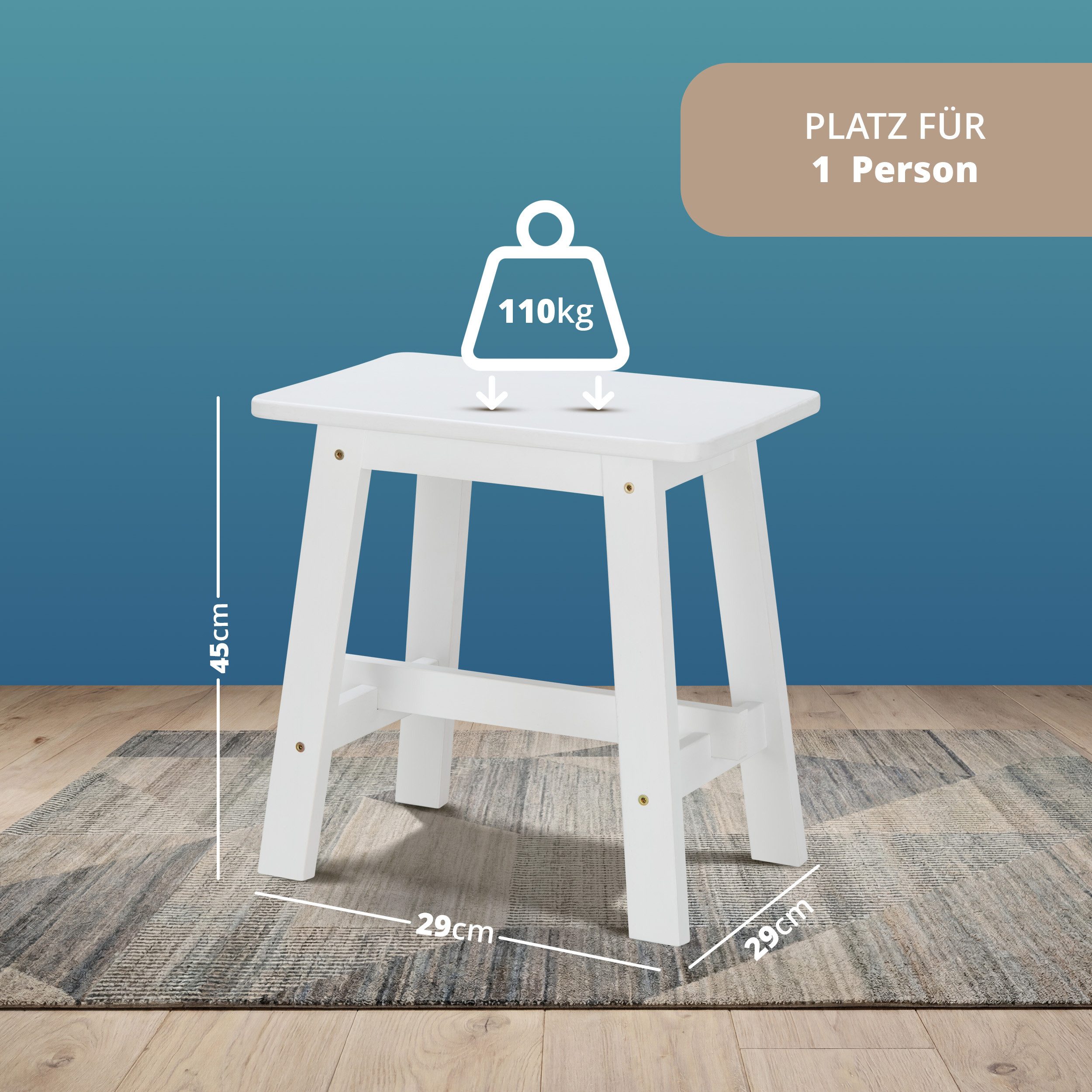 KHG Hocker Dekohocker Weiß für eine Person, Skandi Look, bis 200 kg belastbar, lackiert, pflegeleicht, Massivholzgestell
