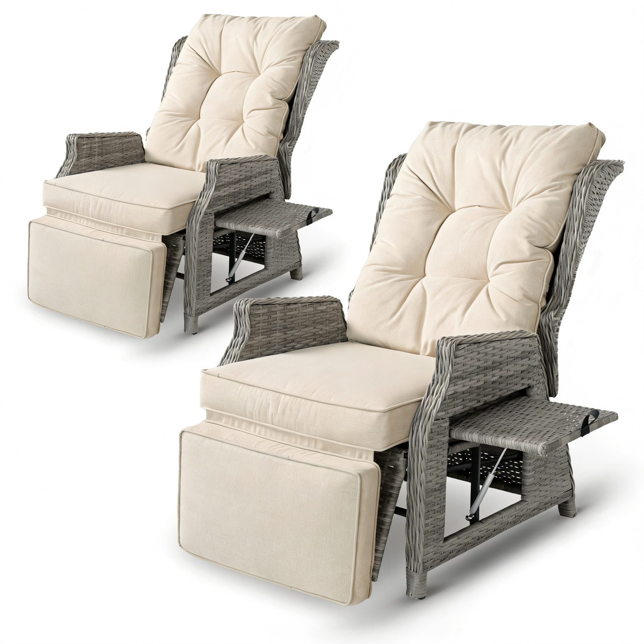 HOMECALL Rattanstuhl Gartensessel Indoor Verstellbar Liegestuhl Gartenliege balkonliege (Wetterfester Rahmen, klappbarem Beistelltisch und Fußstütze, 2 St), COMLAX FIELD