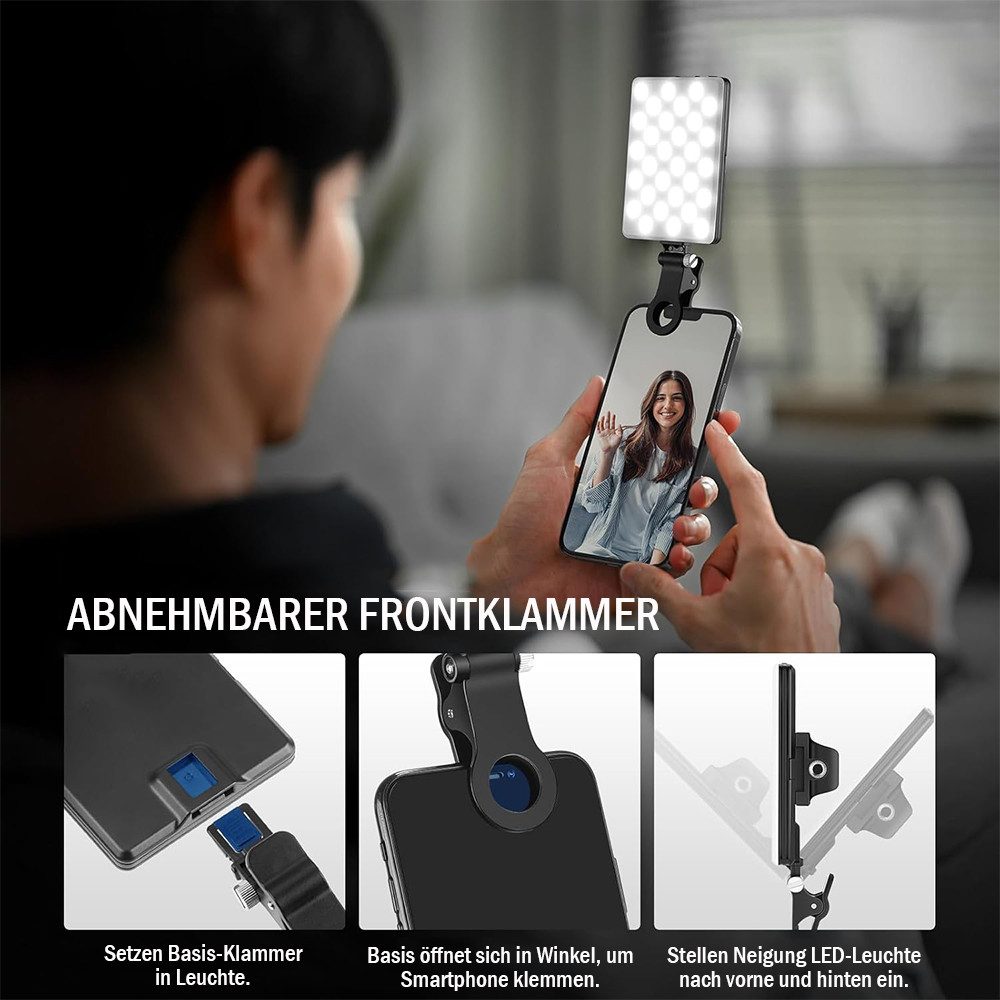TUWENA Videoleuchte Clip On Selfie Licht, 60 LED Videolicht, Wiederaufladbares Panel-Licht, 3 Lichtmodi und 10 Helligkeit für Phone, iPhone, Android, iPad, Lapt – Bild 3 von 5