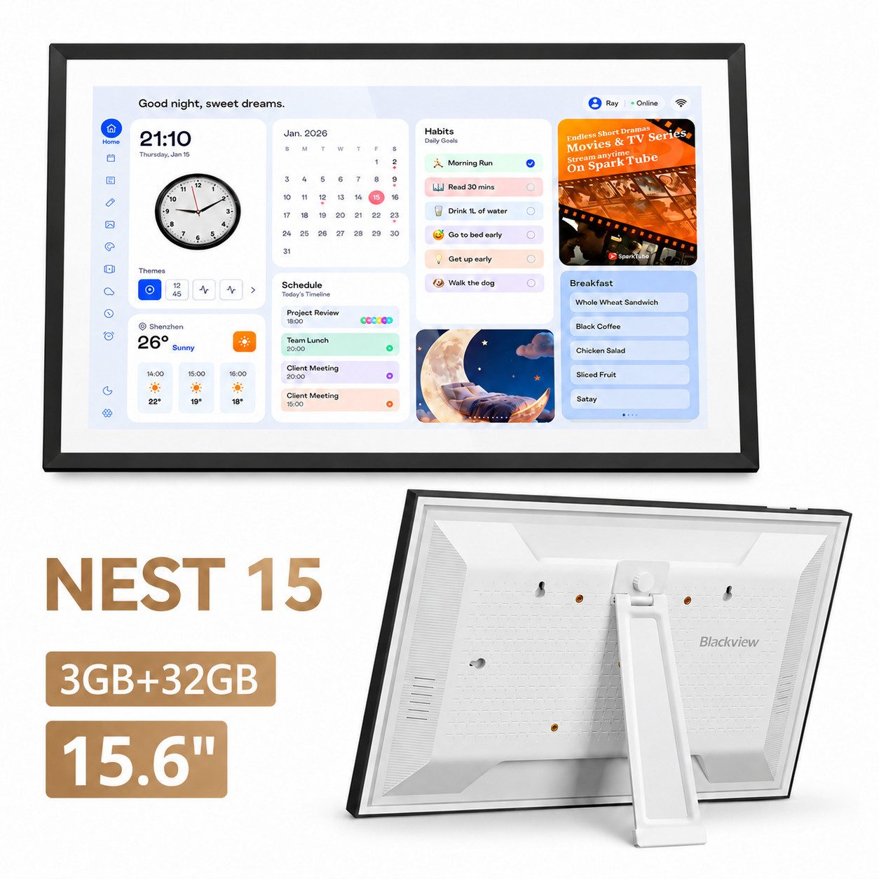 blackview Nest 15 15.6" Kalender Digitaler Bilderrahmen mit WiFi-Fotoübertragung Tablet (15.6", 32 GB, 3+32GB, 1920x1080 FHD+, WiFi 6, 24 Sprachen)
