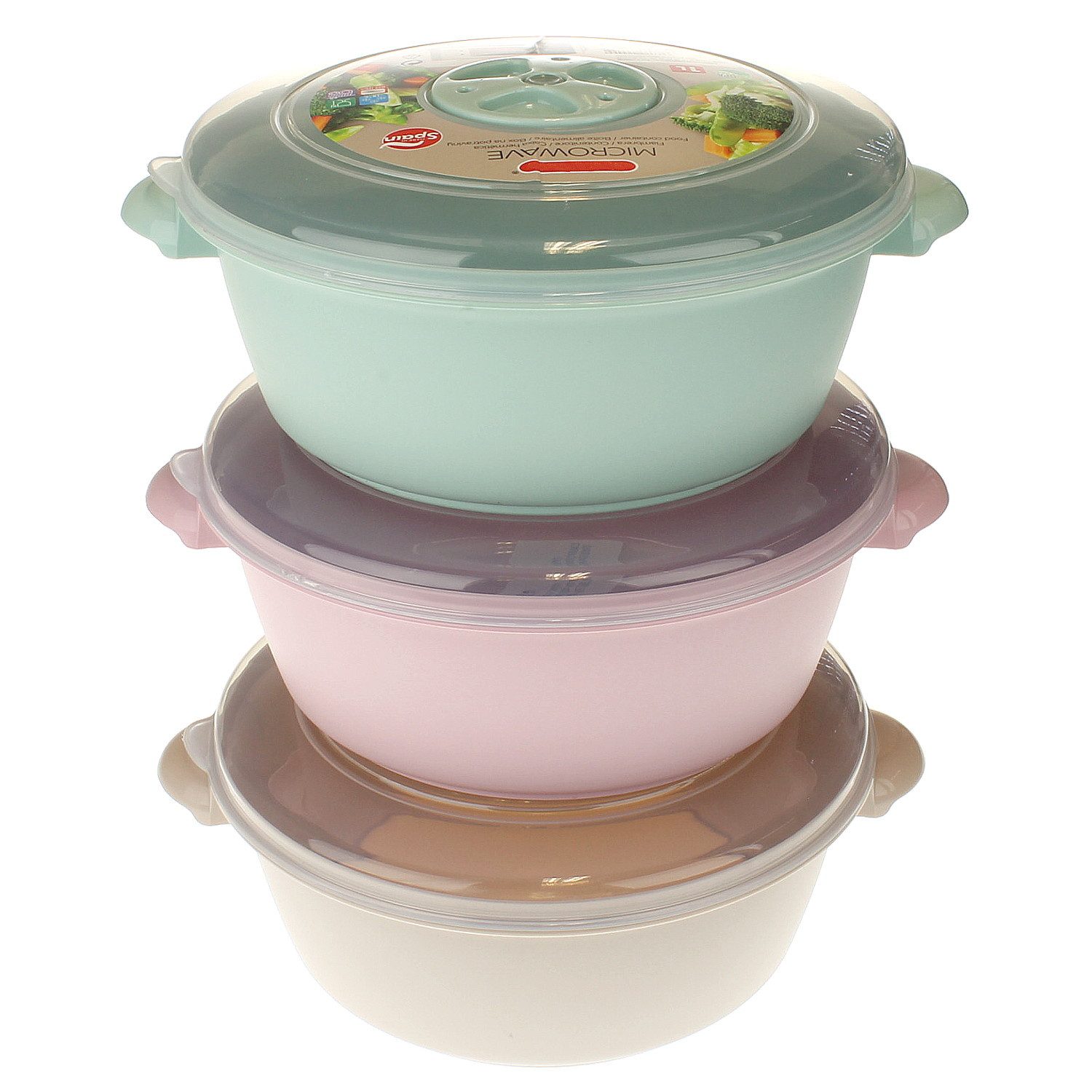 Mikrowellenbehälter Mikrowellengeschirr Kunststoff 3er Set 20 cm Deckel Rosa Beige Grün