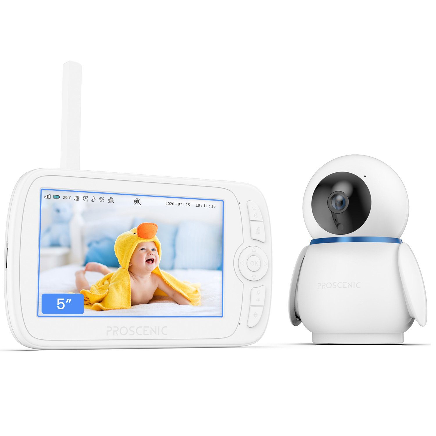 Proscenic Babyphone BM300, 1080P HD Kamera, 5 Zoll Bildschirm, Nachtsicht, Temperatursensor
