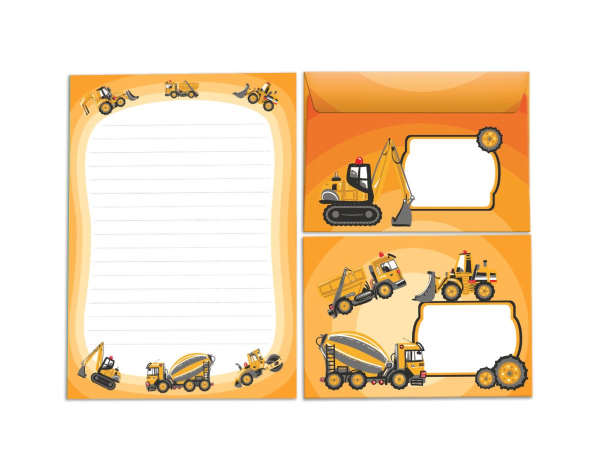 JUNAPACK Briefpapier Set Kinder Briefblock A5 mit Umschlägen Notizblock Papier Baustelle, Kinder-Briefpapier A5 mit 15 Umschlägen, liniert & leicht beschreibbar