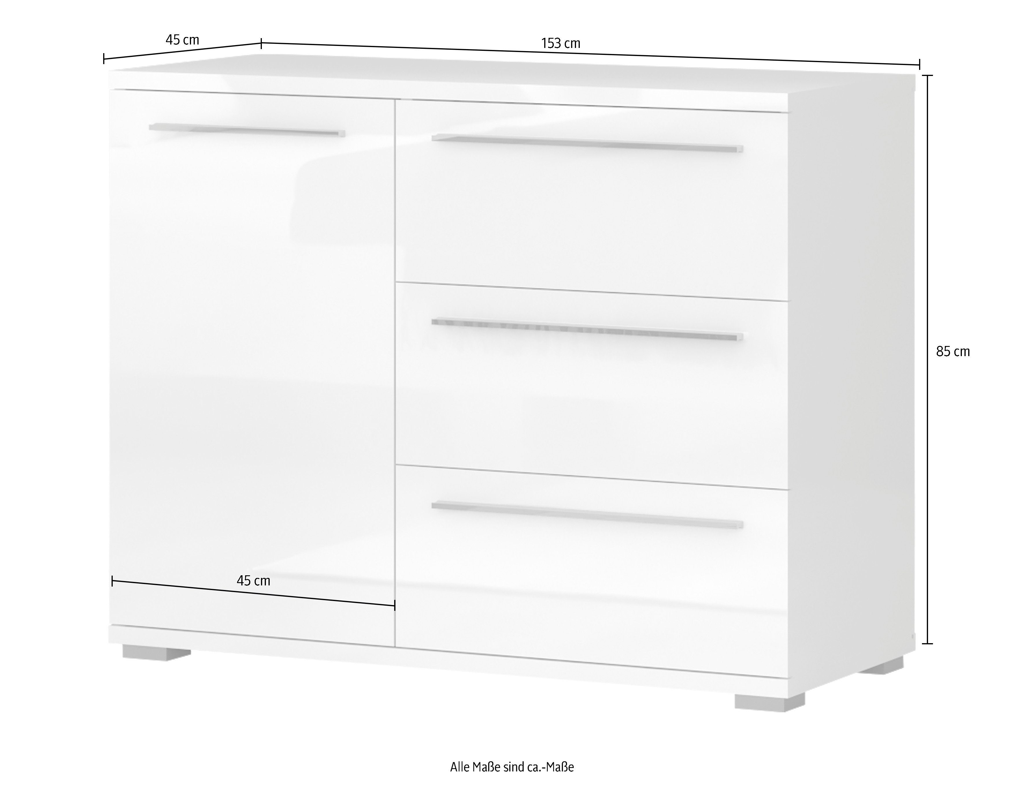 OTTO home Kommode Piano, UV lackiert, hochglänzend in beige oder weiß, FSC-zertifiziert (107x45x85cm (B/T/H), 1-türig mit 3 Schubladen, Soft-Close Funktion