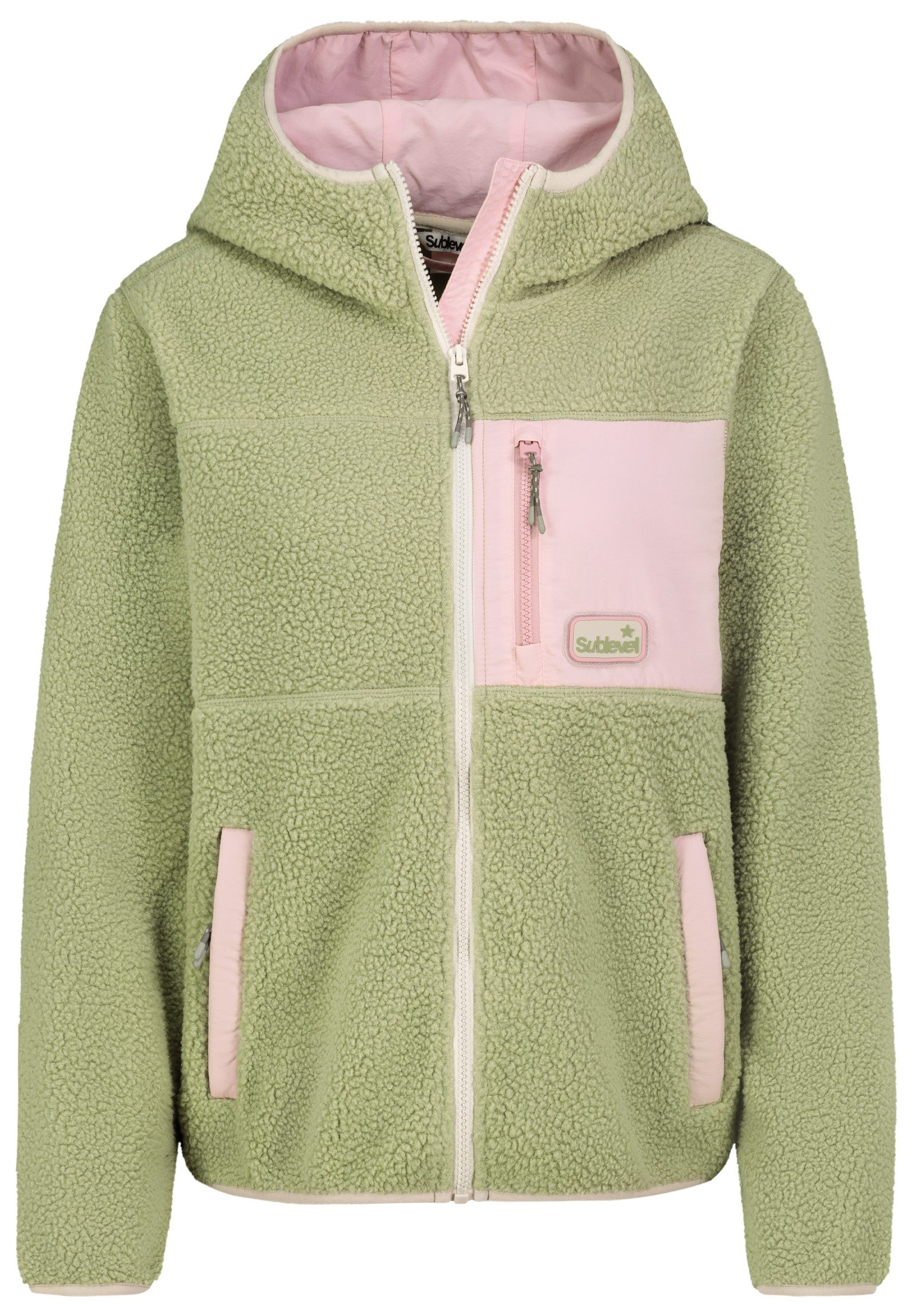 SUBLEVEL Blouson Kontrasteinsatz Reißverschlusstaschen für Damen (1-St) Recyceltes Material, Nachhaltig, Teddyfleece, Logopatch