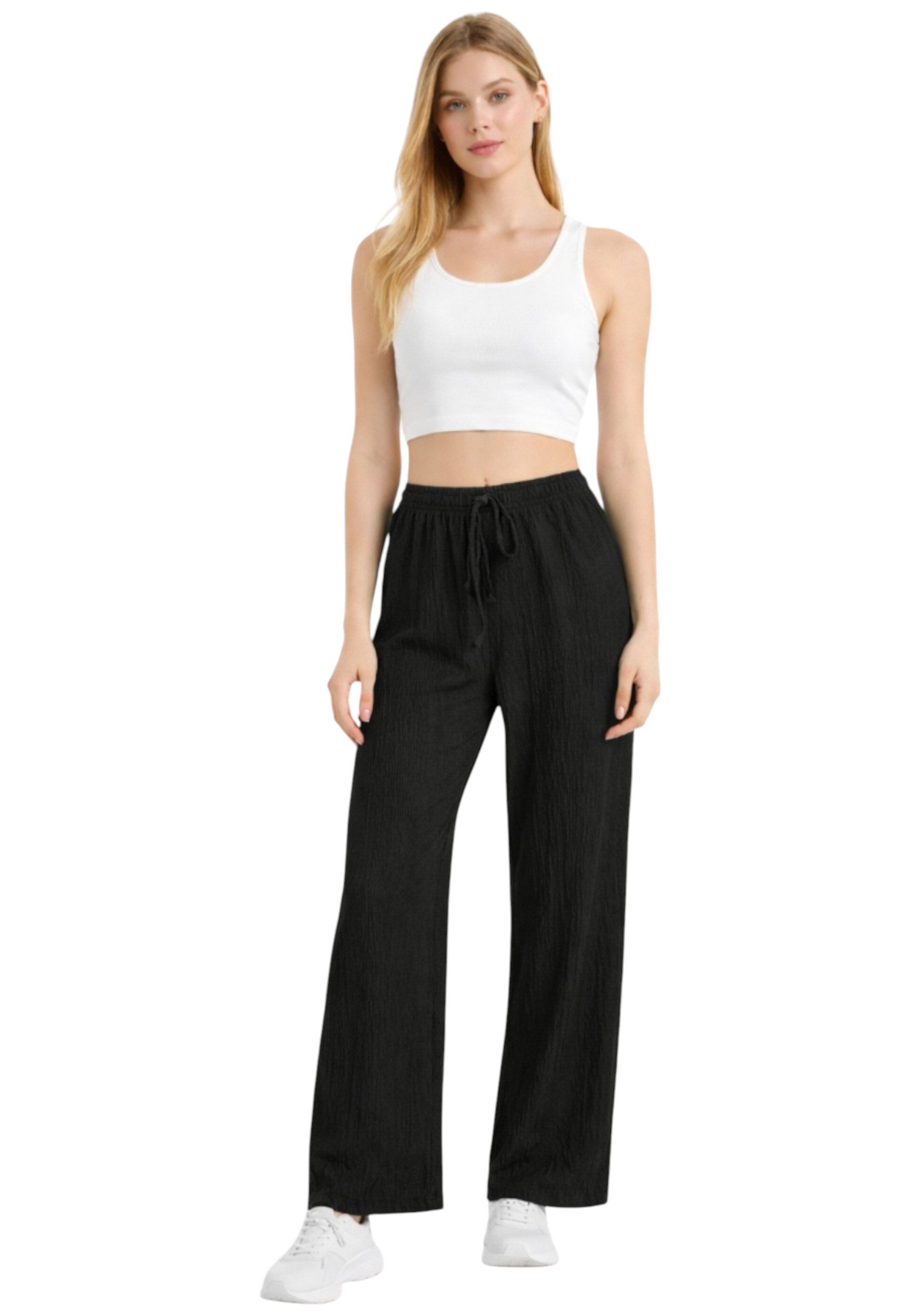 fashionshowcase Palazzohose Damen Crinkle – Weite Sommerhose elastischer Bund hoher Bund, elastischer Tunnelzug