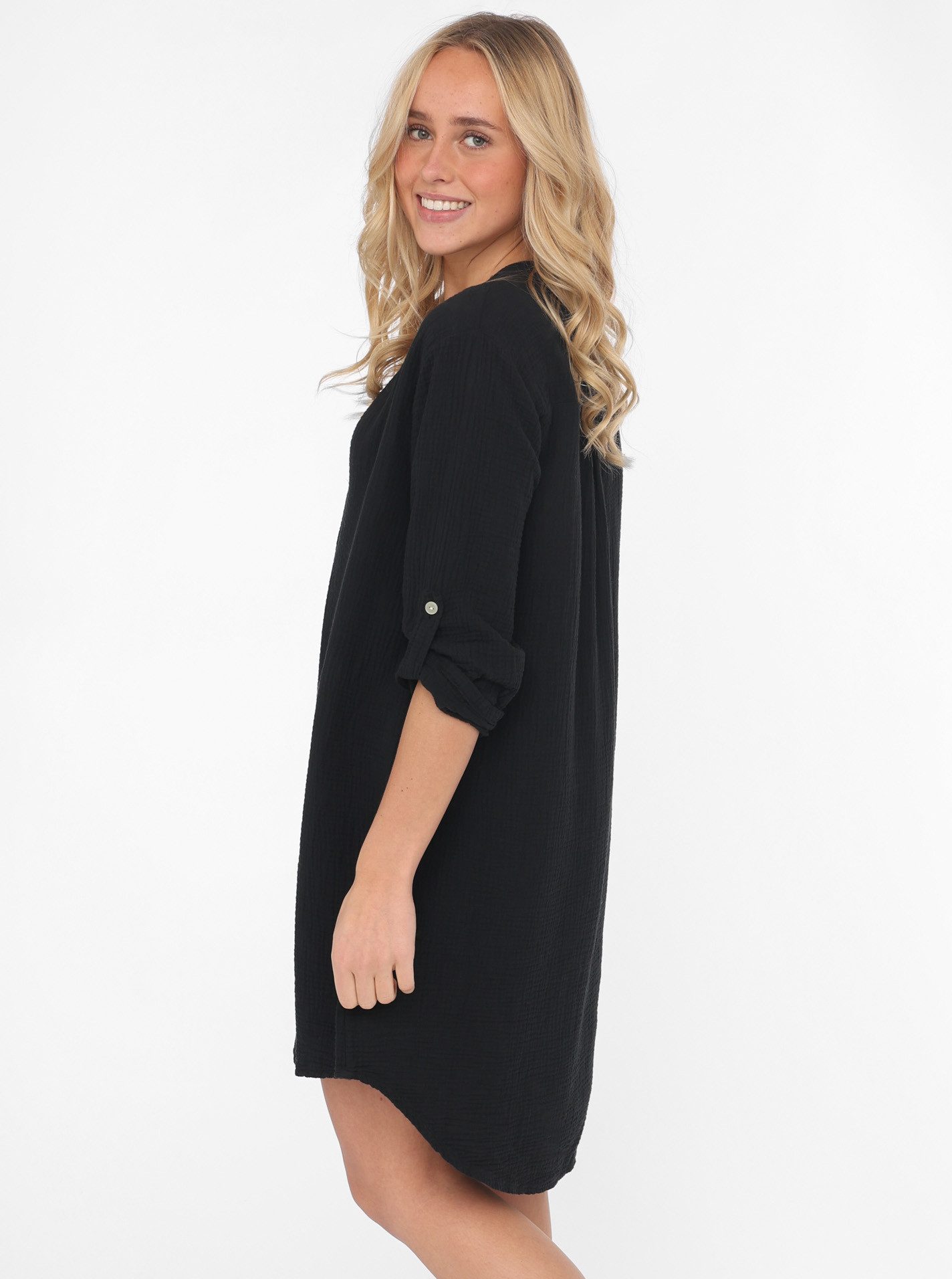 Zwillingsherz Schlupfbluse "Rom" verlängerte Rückenpartie, V-Neck, Turn-Up Ärmel, Musselin