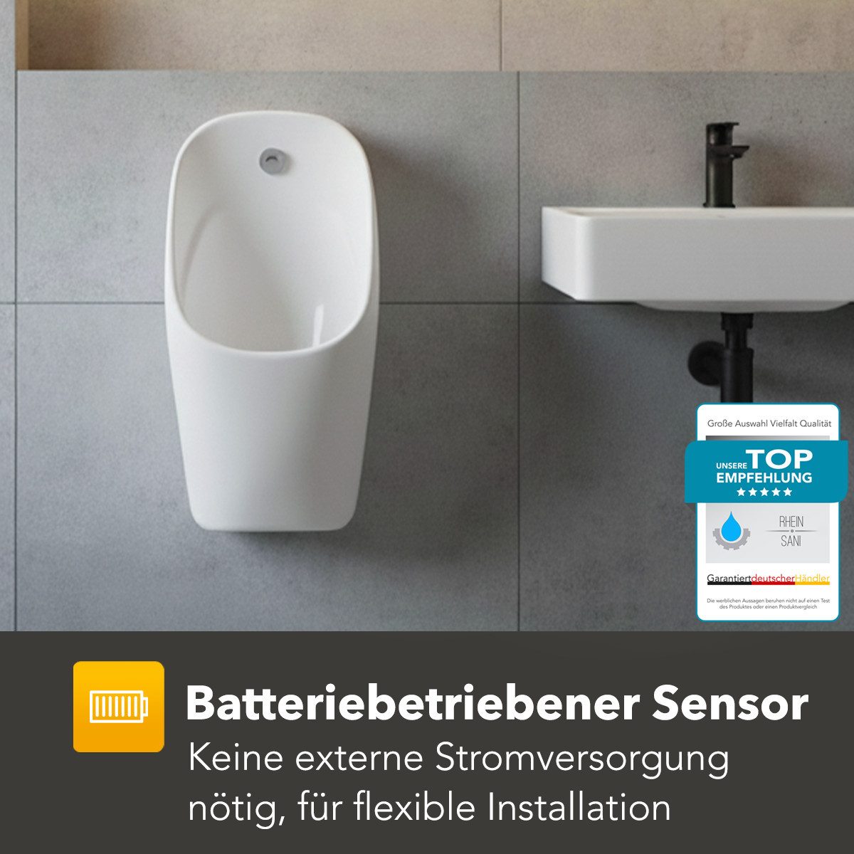 Belvit Urinal mit Sensor Rückwandanschluss 30x59x33,5 cm – Pissoir wandhängend, Keramik, Automatische Spülung, (1-tlg., Batterieversorgung ohne Stromanschluss), berührungsloser Spülung in Mattschwarz, Weiß matt oder glänzend