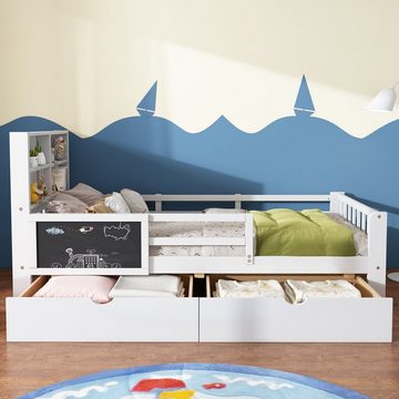 SOFTWEARY Kinderbett Einzelbett mit Lattenrost und Schubladen (90x200 cm), Kiefer, Jugendbett mit Rausfallschutz