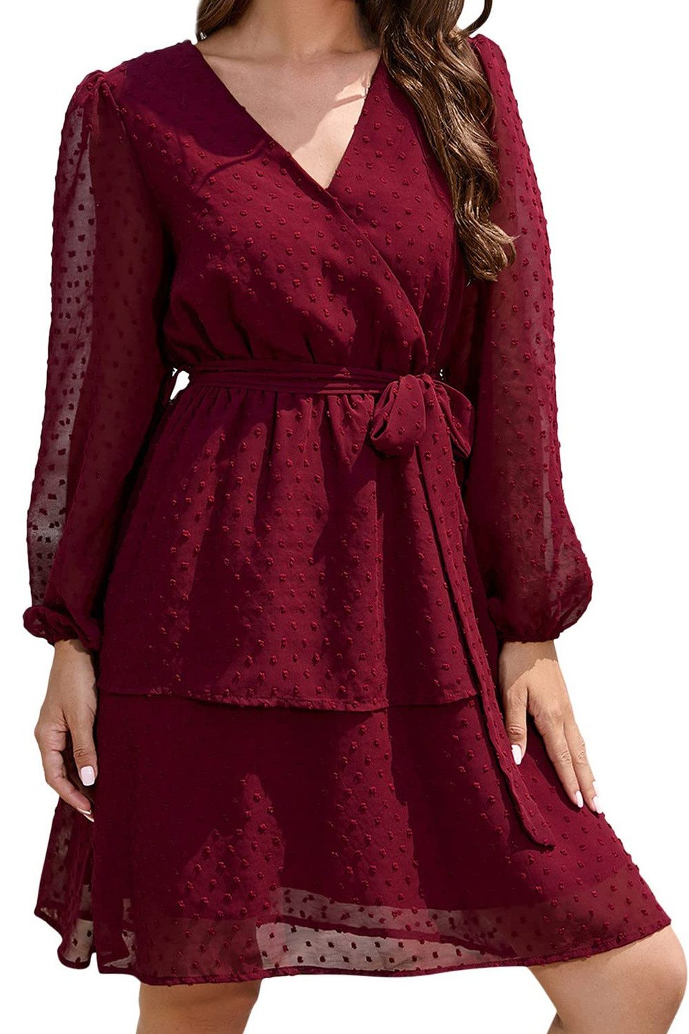 B.X Dirndl kleid für Damen Laterne langärmelig Rüschen einfarbig gerüscht Kleider Damen-Freizeitkleider, V-Ausschnitt, fließendes Mini-Kurzkleid