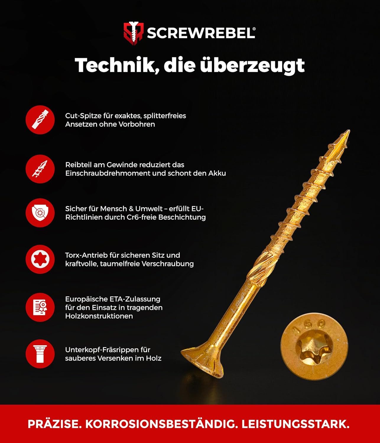 SCREWREBEL Holzbauschraube Holzbauschraube Senkkopf, Teilgweinde, gelb verzinkt, ETA, Torx, (100 St)
