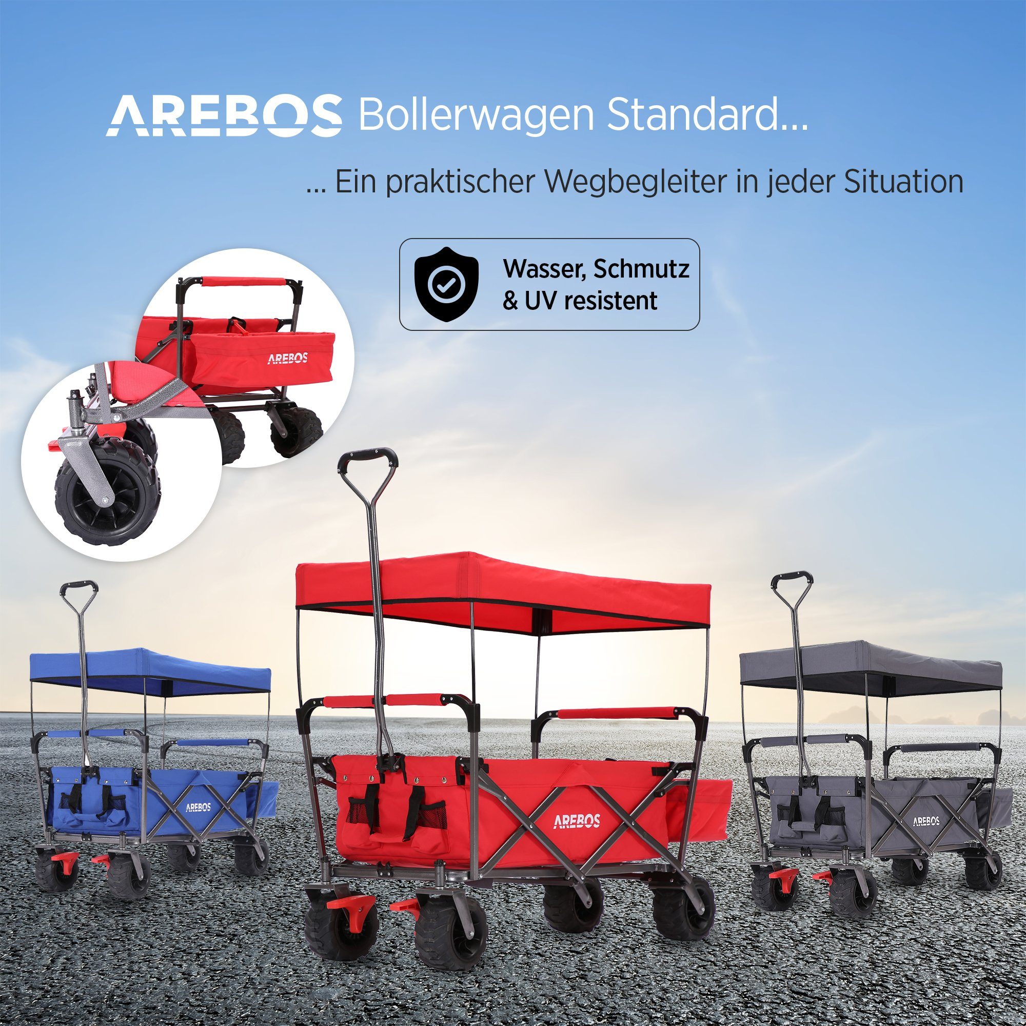 Arebos Bollerwagen Dach, Handwagen, 124 x mit Maße 128 Transportkarre, Gerätewagen, x 60 rot Standard cm