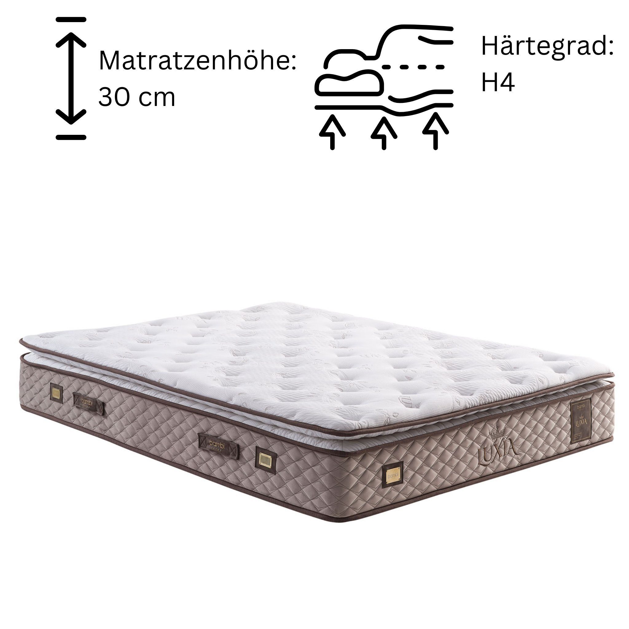 Taschenfederkernmatratze 8 Schichten Matratze mit Topper 90x200 - 180x200 Lüxia, Bambi, 30 cm hoch