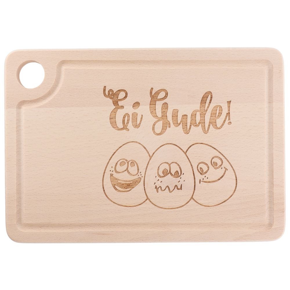 Spruchreif® Frühstücksbrett Holz-Schneidebrett mit Gravur und Griffloch, Brett mit Eierhalter
