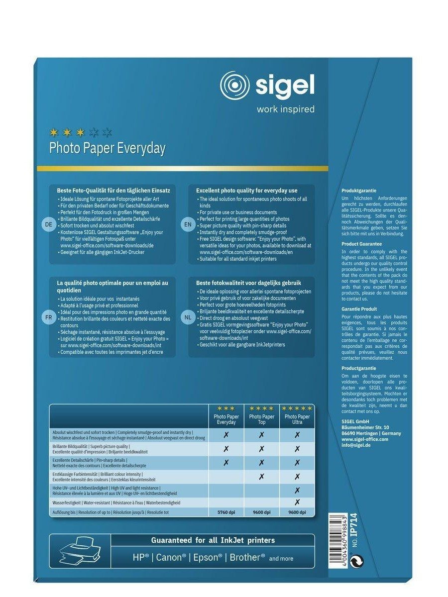 Sigel Druckerpapier Fotopapier hochglänzend A4 170 g/m² 50 Blatt weiß