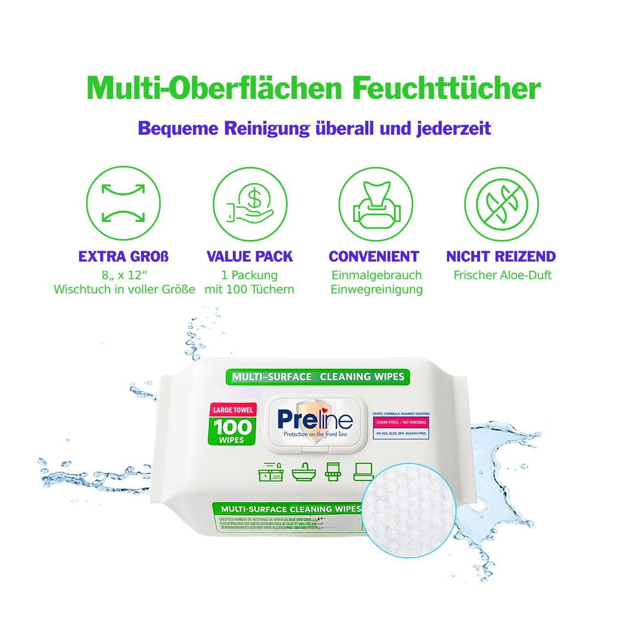 Preline Multi-Surface Oberflächenreinigungstücher, Allzwecktücher, Reinigungstücher (1-tlg., SLS/SLES/Bleichmittel-frei, Für Küche Bad Elektronik Fenster 100Stück)